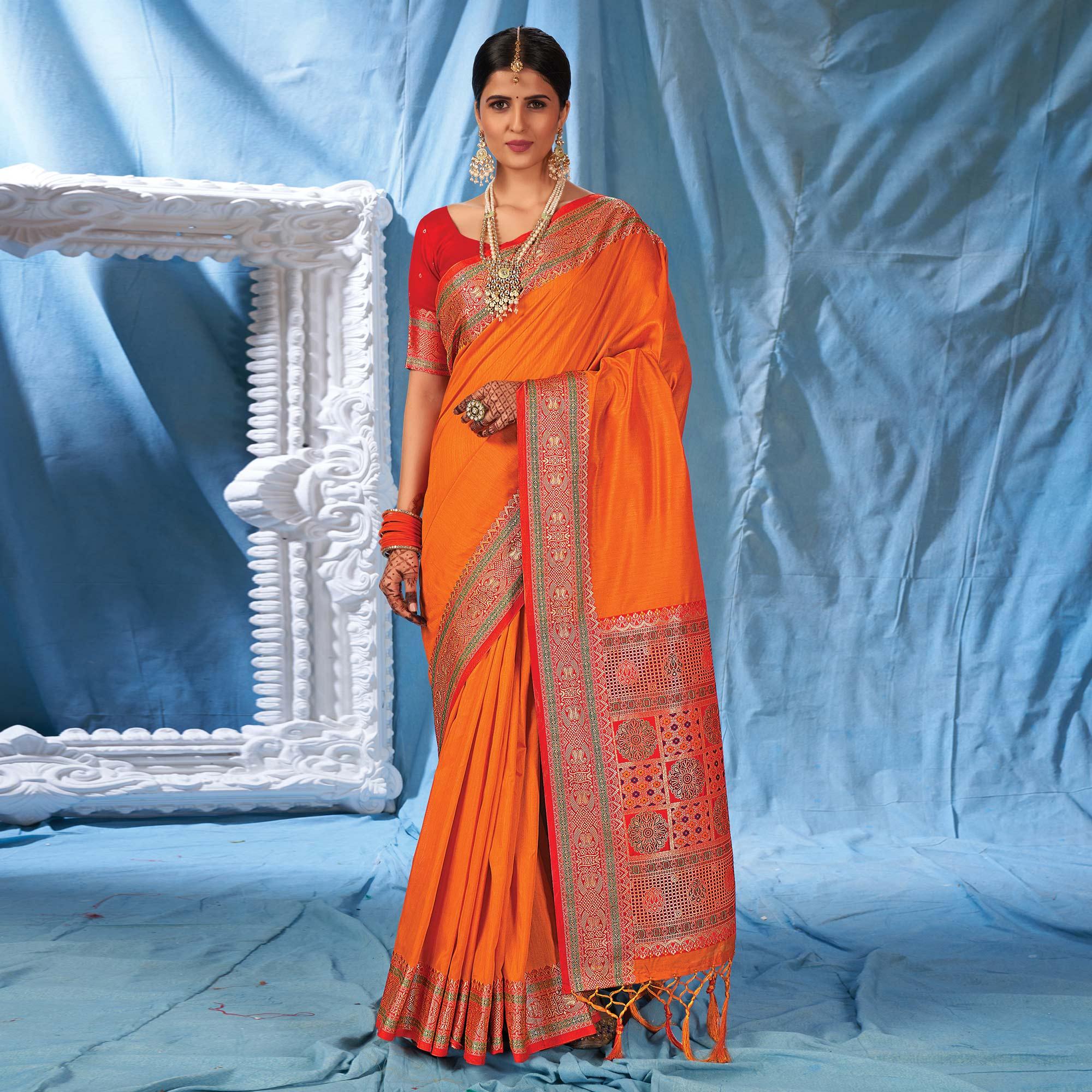 Orange Festive Wear Woven Silk Saree - Peachmode