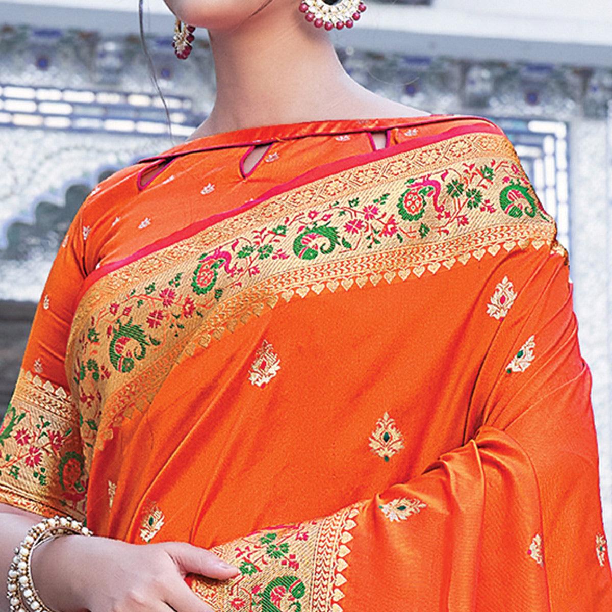 Orange Festive Wear Woven Silk Saree - Peachmode