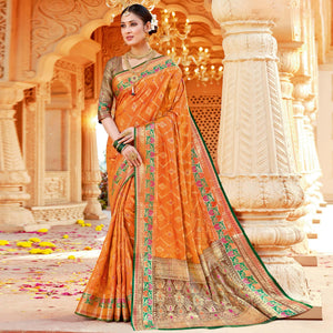 Orange Festive Wear Woven Silk Saree - Peachmode