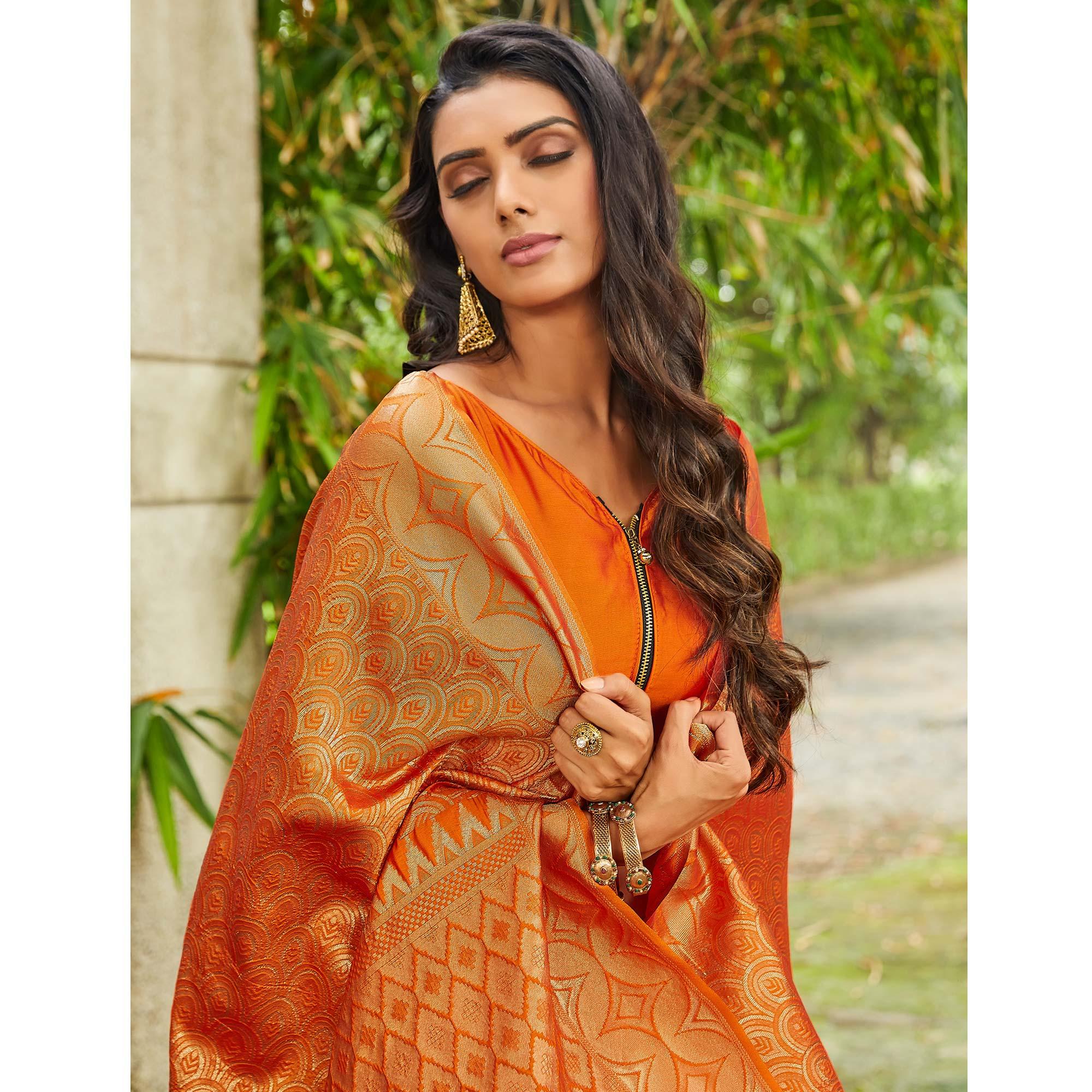 Orange Festive Wear Woven Silk Saree - Peachmode