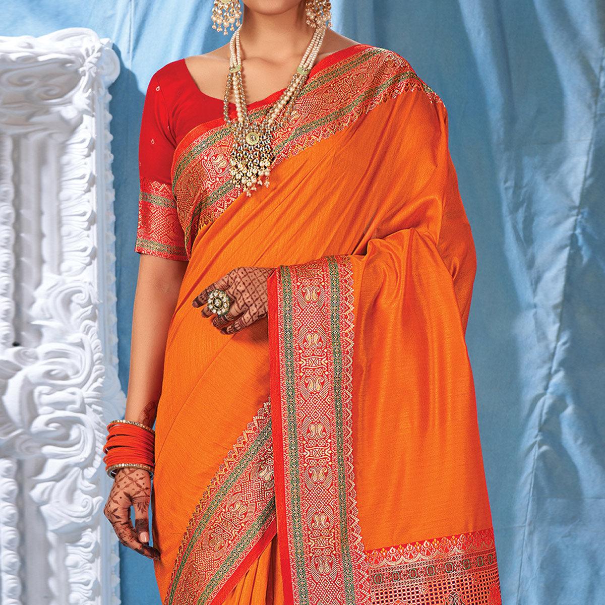 Orange Festive Wear Woven Silk Saree - Peachmode