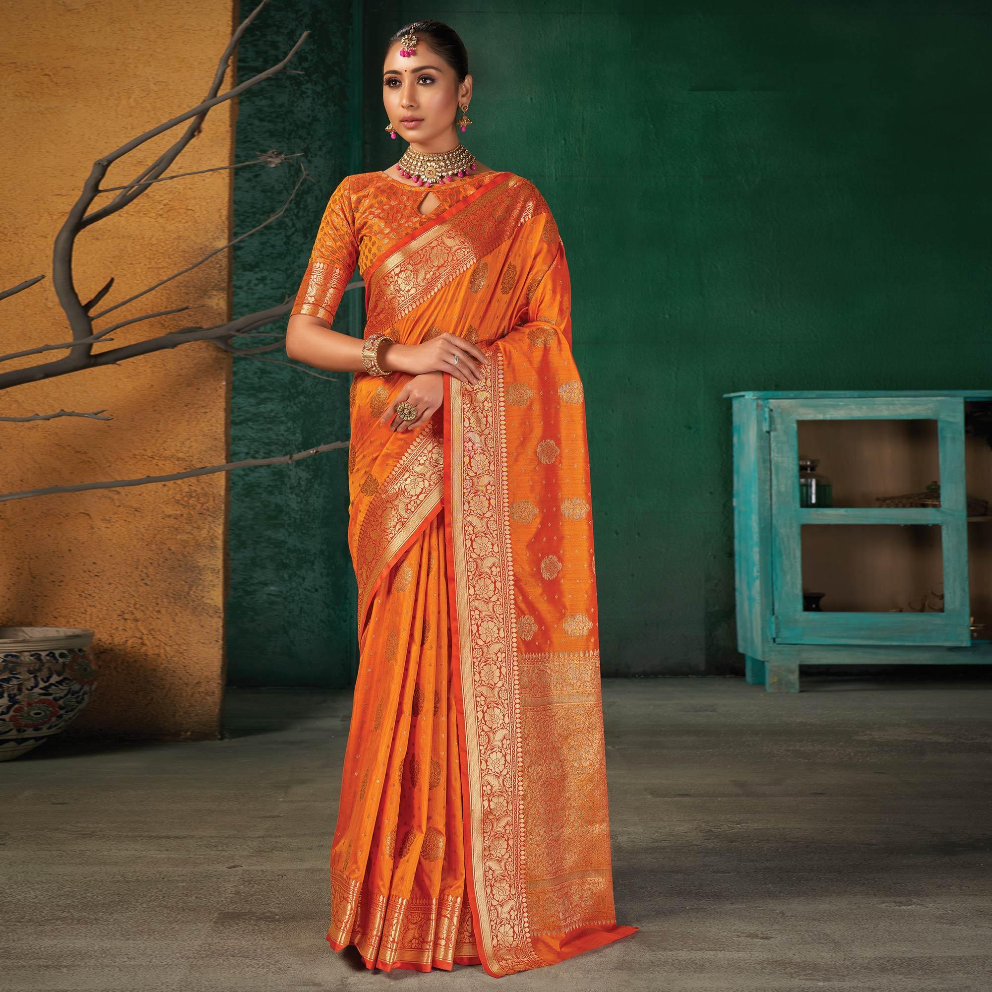 Orange Festive Wear Woven Silk Saree - Peachmode