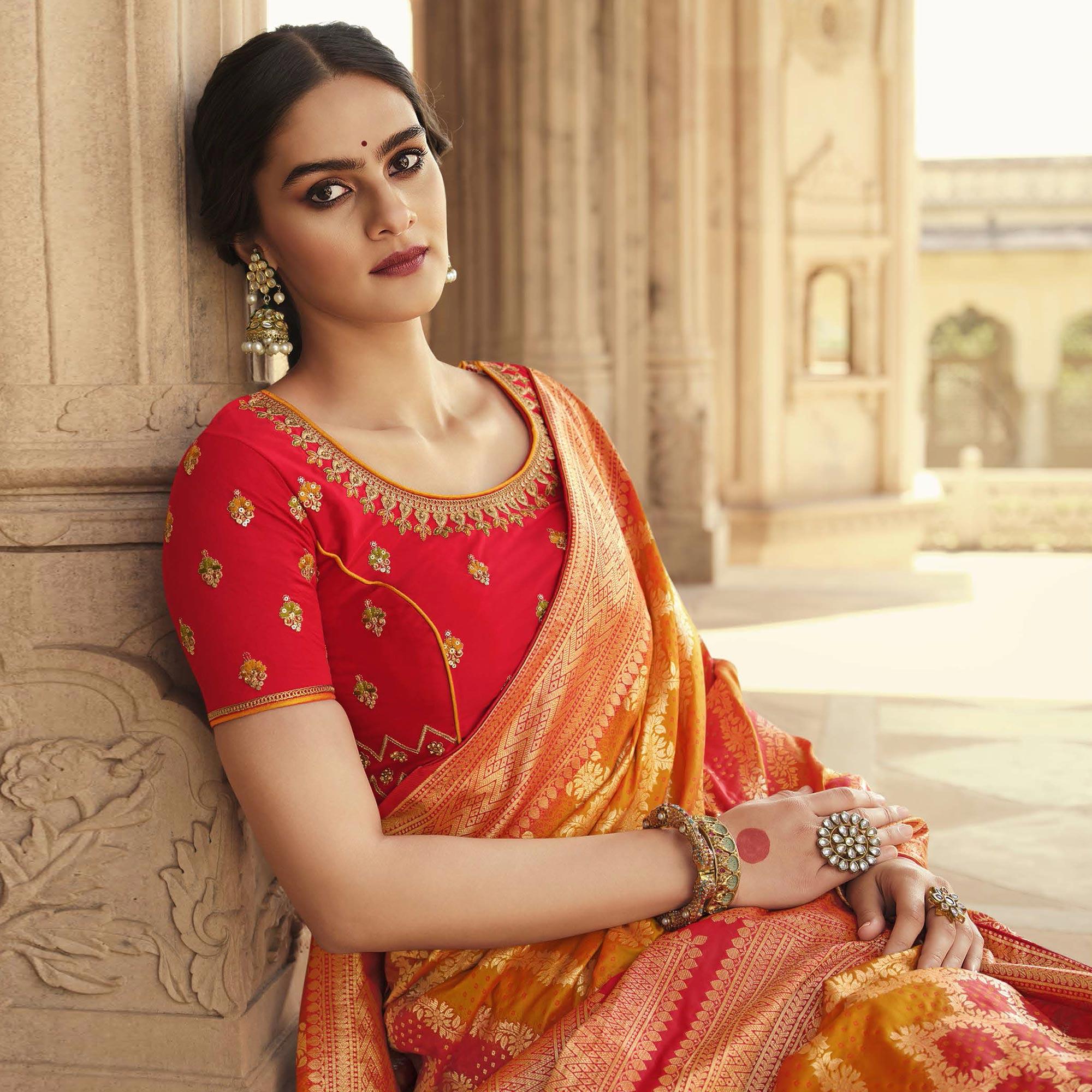 Orange Festive Wear Woven Silk Saree - Peachmode