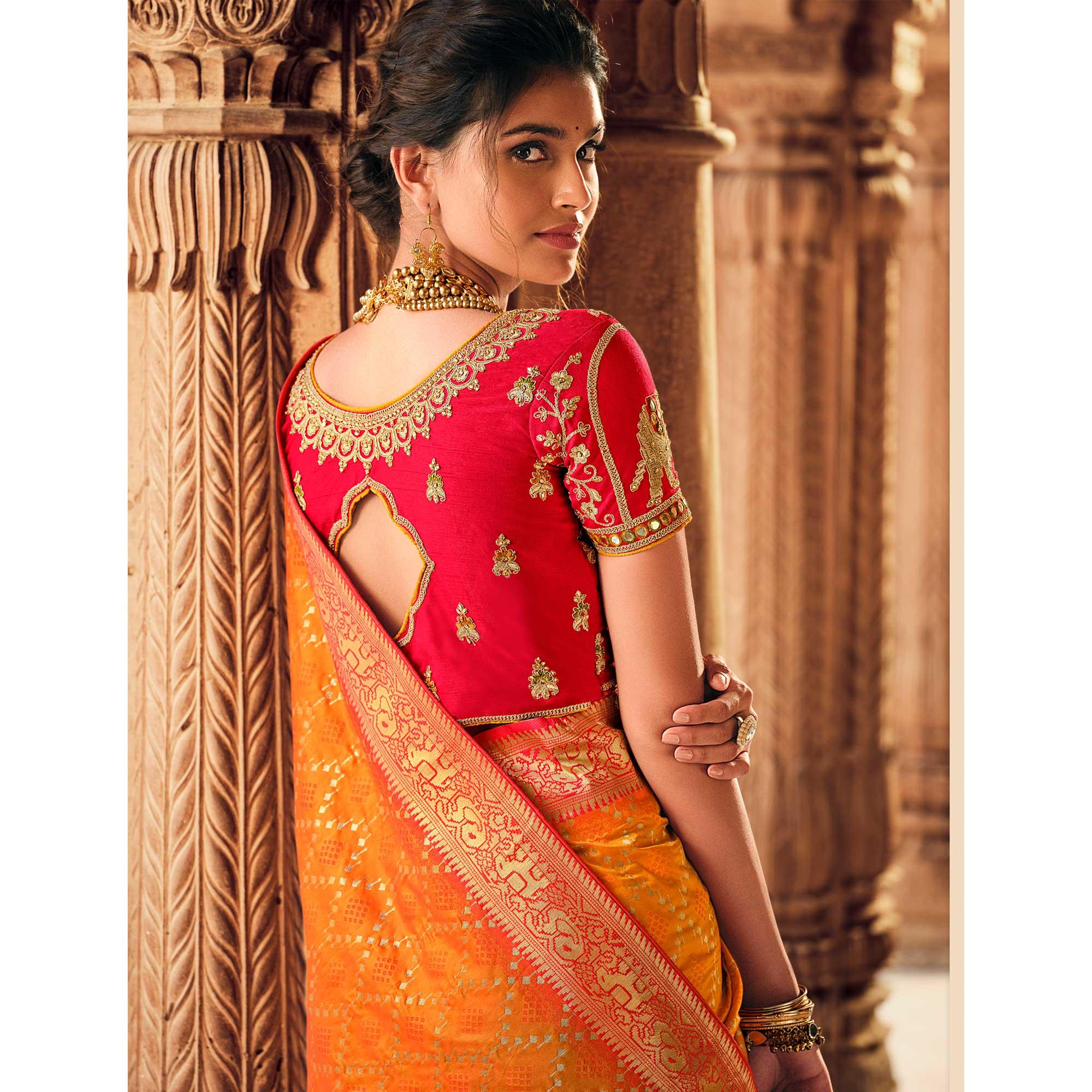 Orange Festive Wear Woven Silk Saree - Peachmode