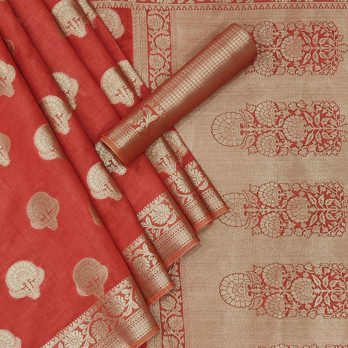 Orange Festive Wear Woven Silk Saree - Peachmode