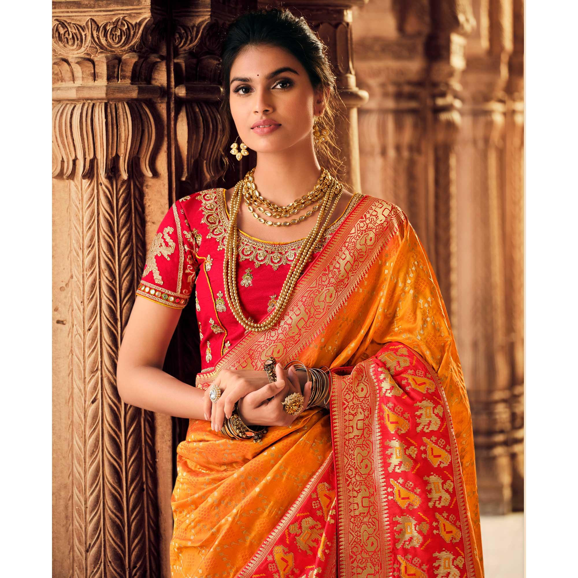 Orange Festive Wear Woven Silk Saree - Peachmode