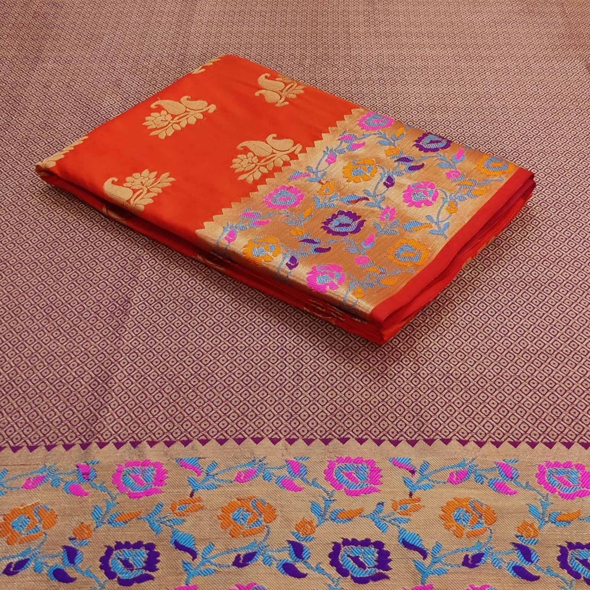 Orange Festive Wear Woven Silk Saree With Border - Peachmode