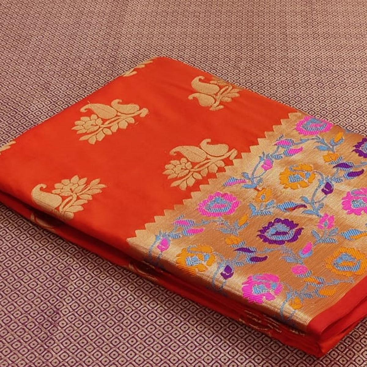 Orange Festive Wear Woven Silk Saree With Border - Peachmode