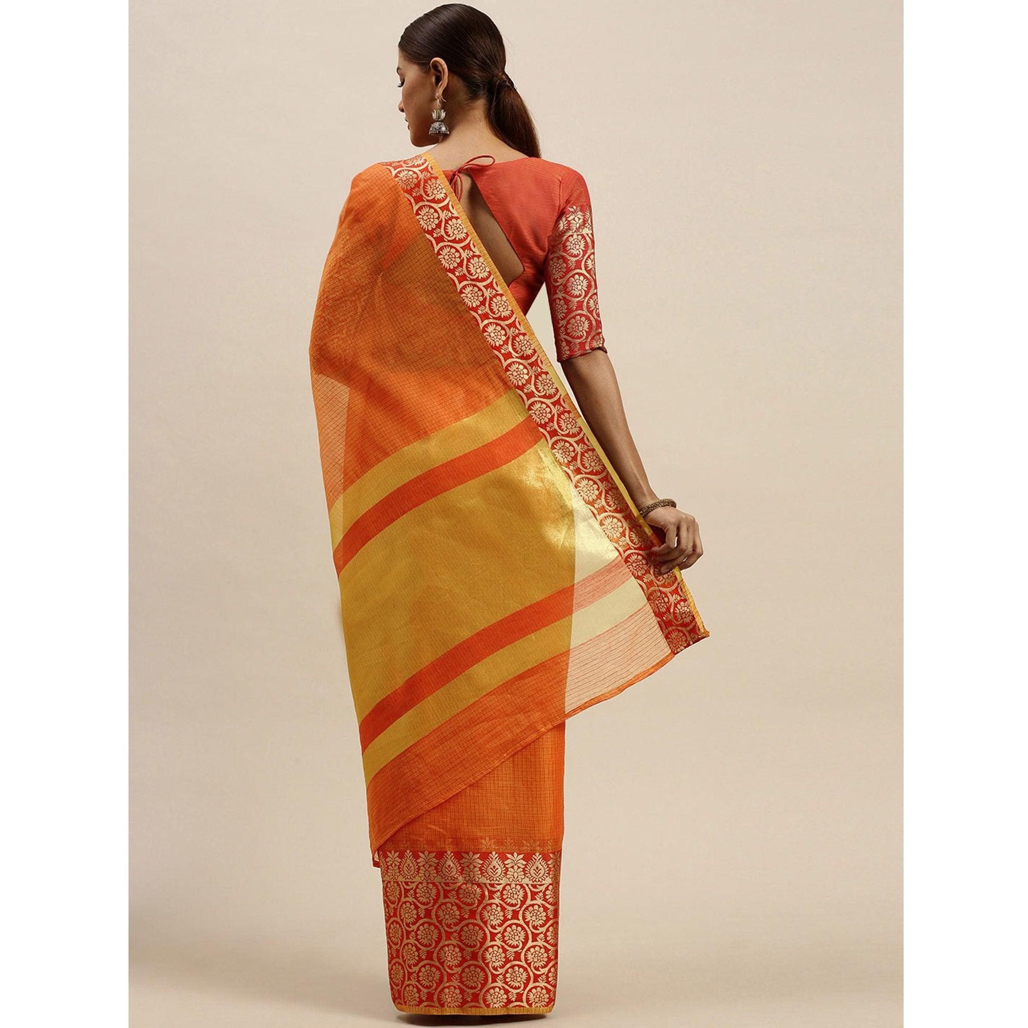 Orange Festive Wear Woven Silk Saree With Jacquard Border - Peachmode