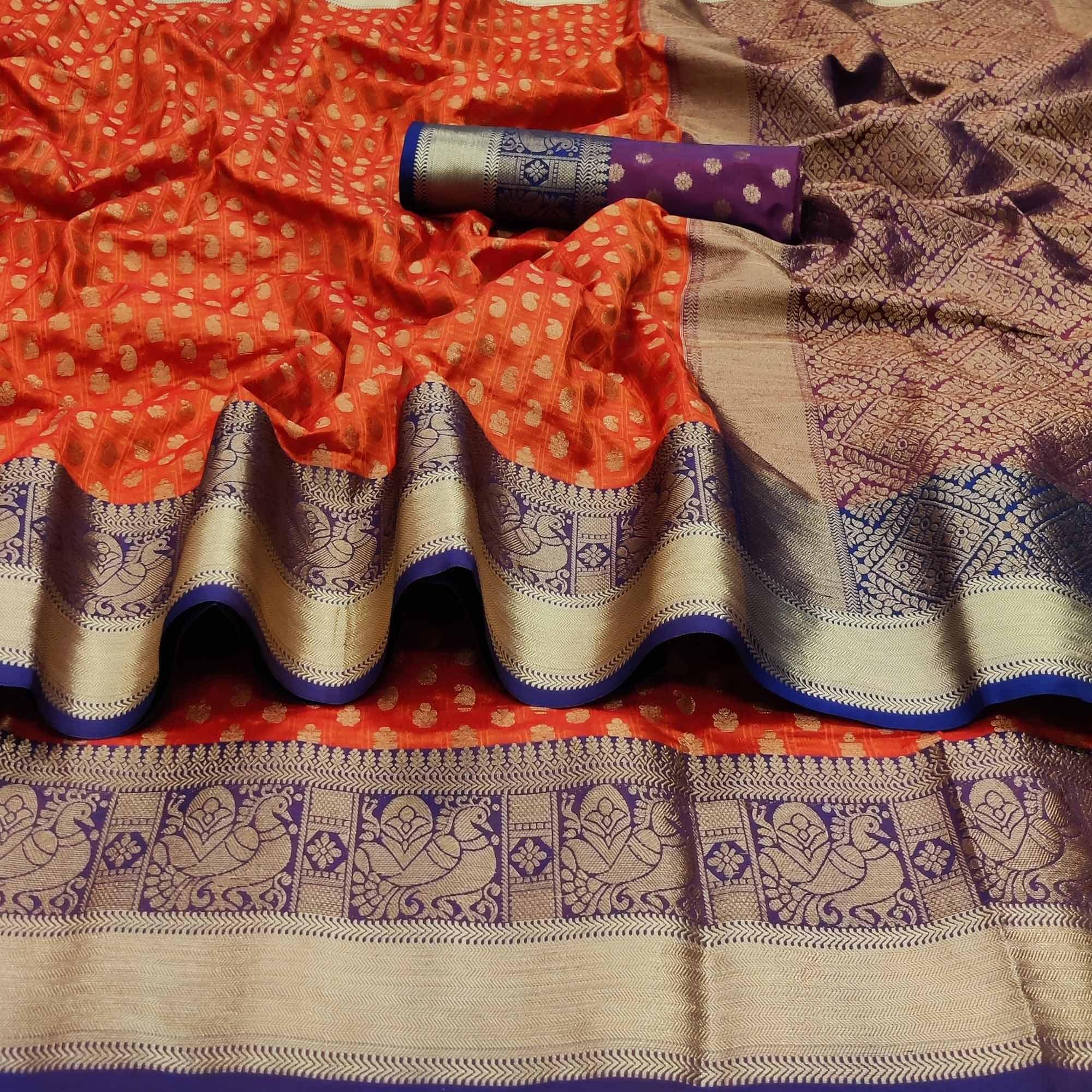 Orange Festive Wear Woven Silk Saree With Jacquard Border - Peachmode