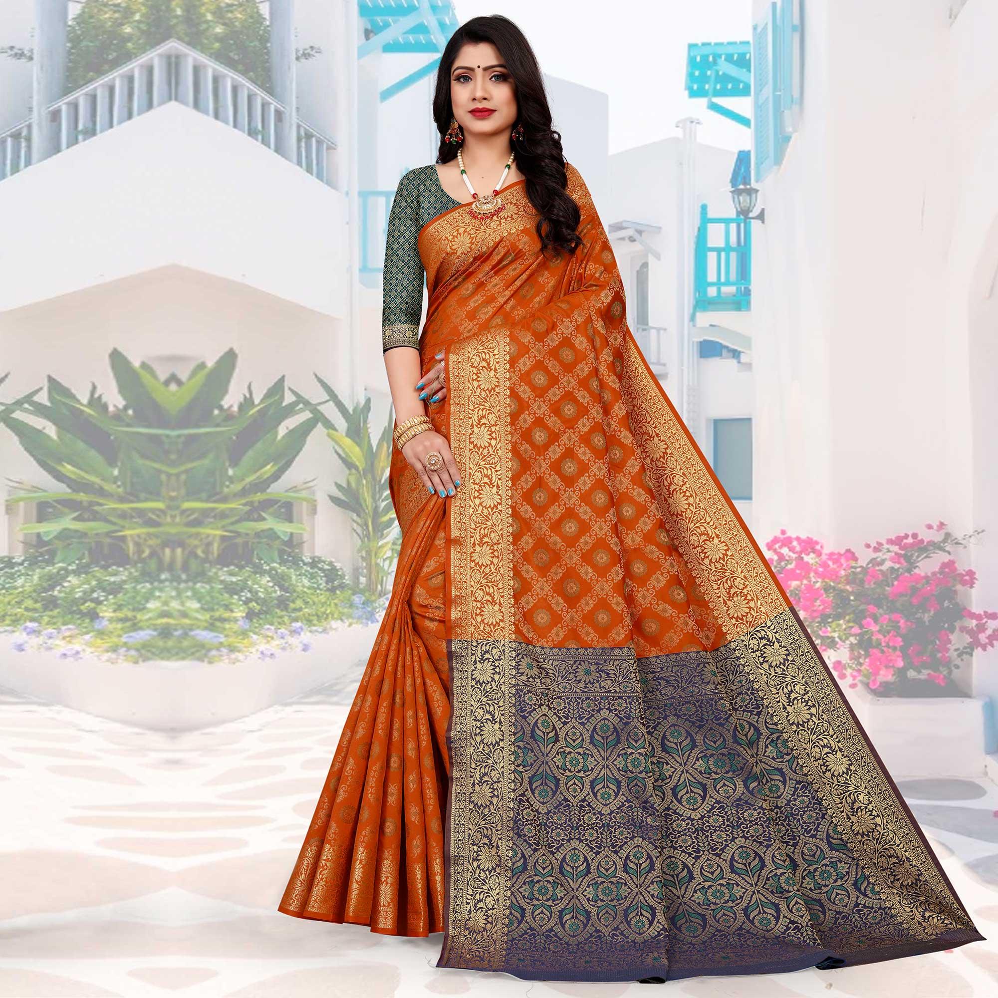 Orange Festive Wear Woven Silk Saree With Patola Rich Pallu - Peachmode