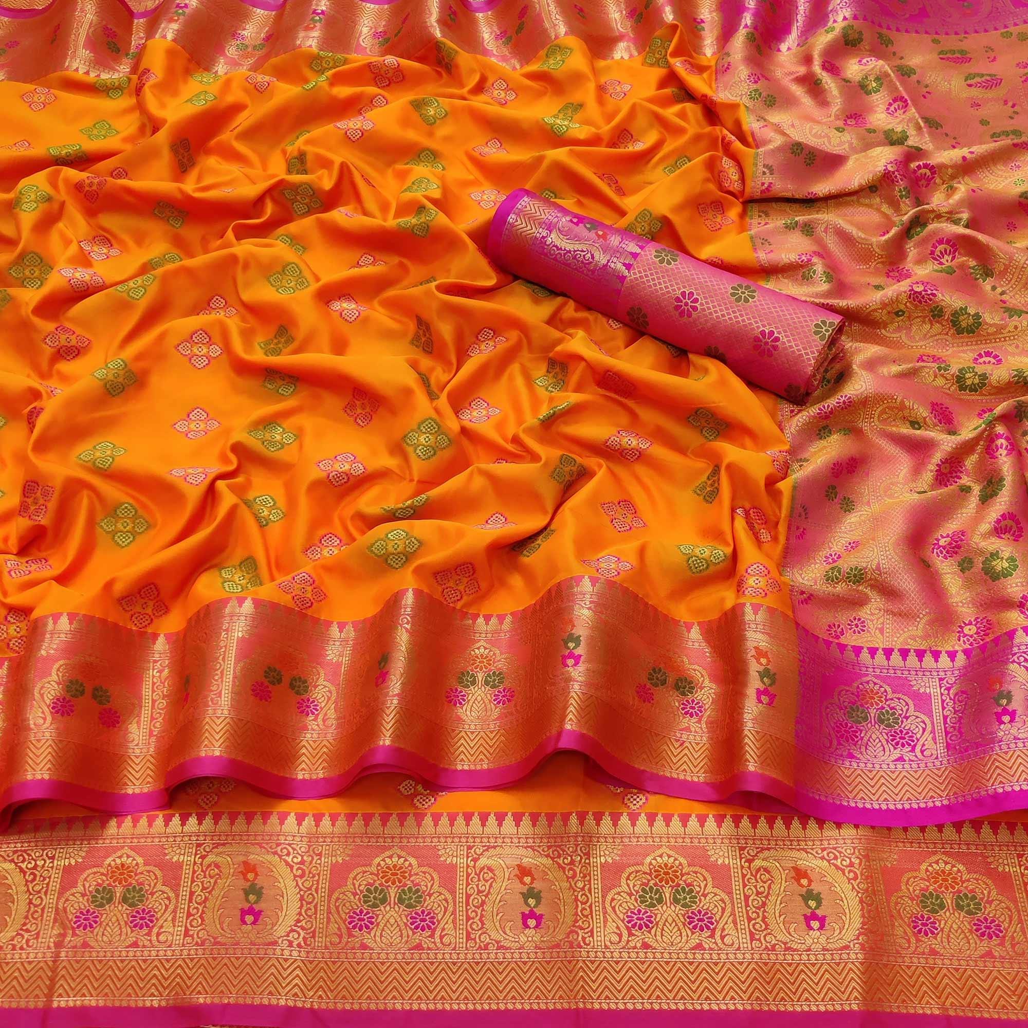 Orange Festive Wear Woven Soft Banarasi Silk Saree - Peachmode