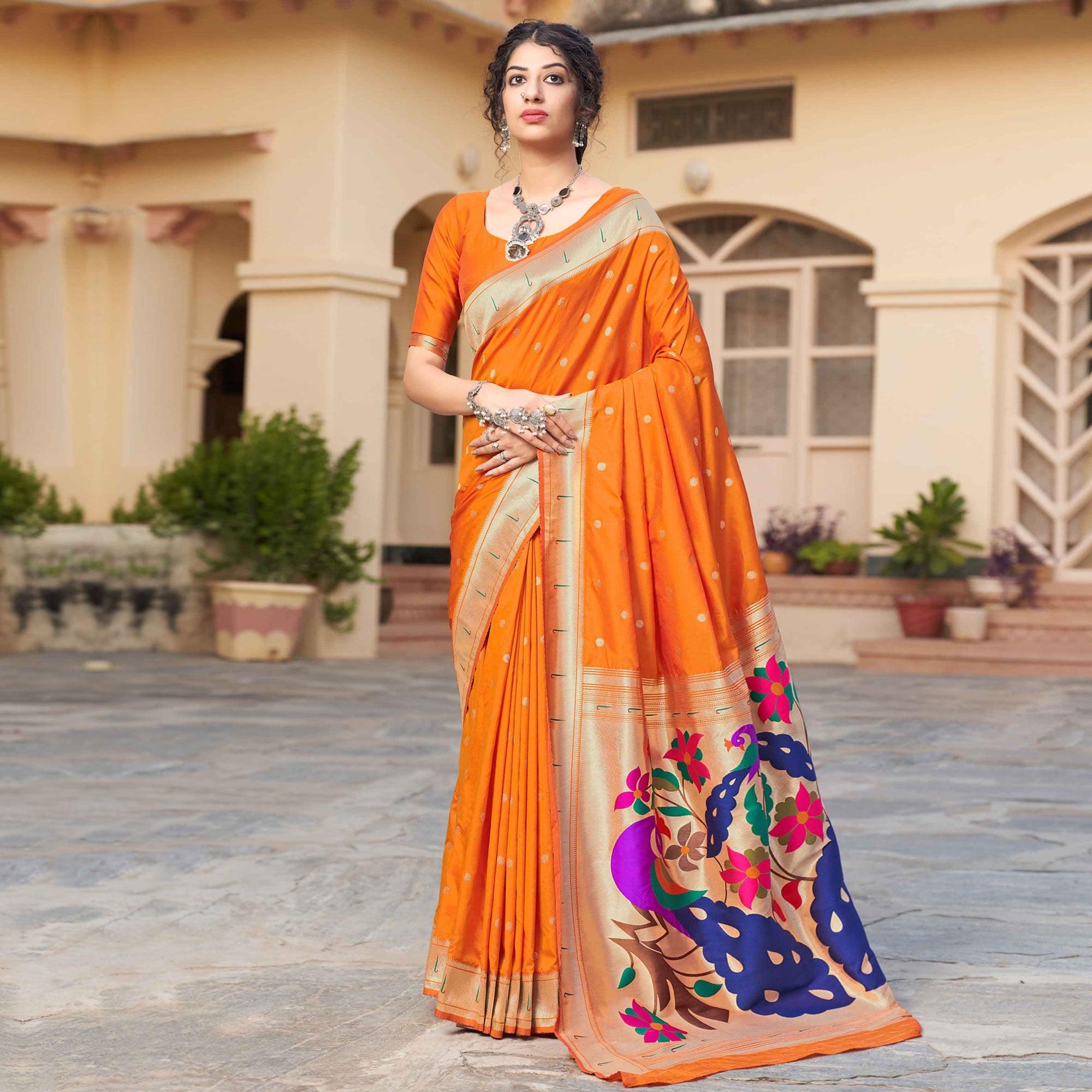 Orange Festive Wear Woven Soft Banarasi Silk Saree - Peachmode
