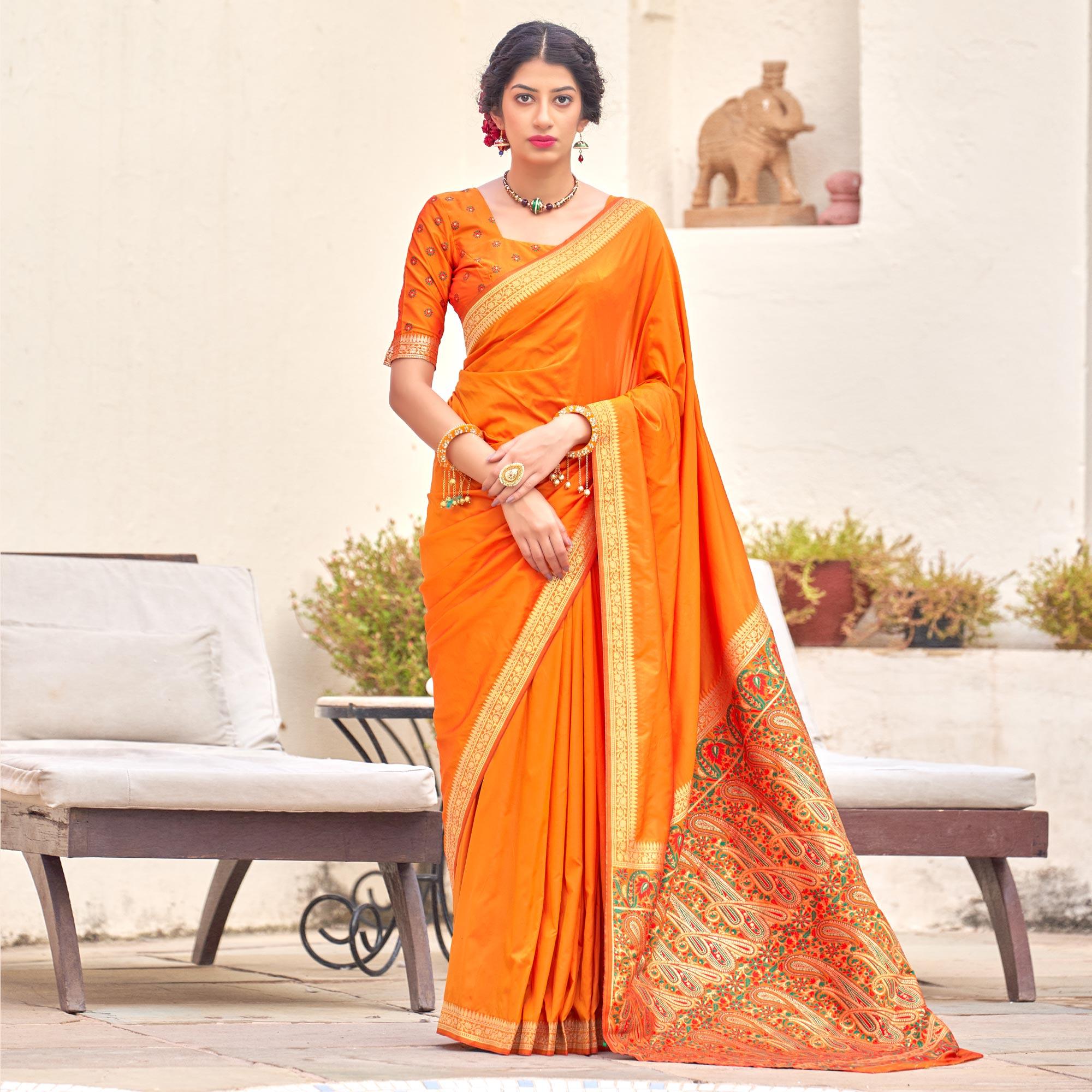 Orange Festive Wear Woven Soft Banarasi Silk Saree - Peachmode