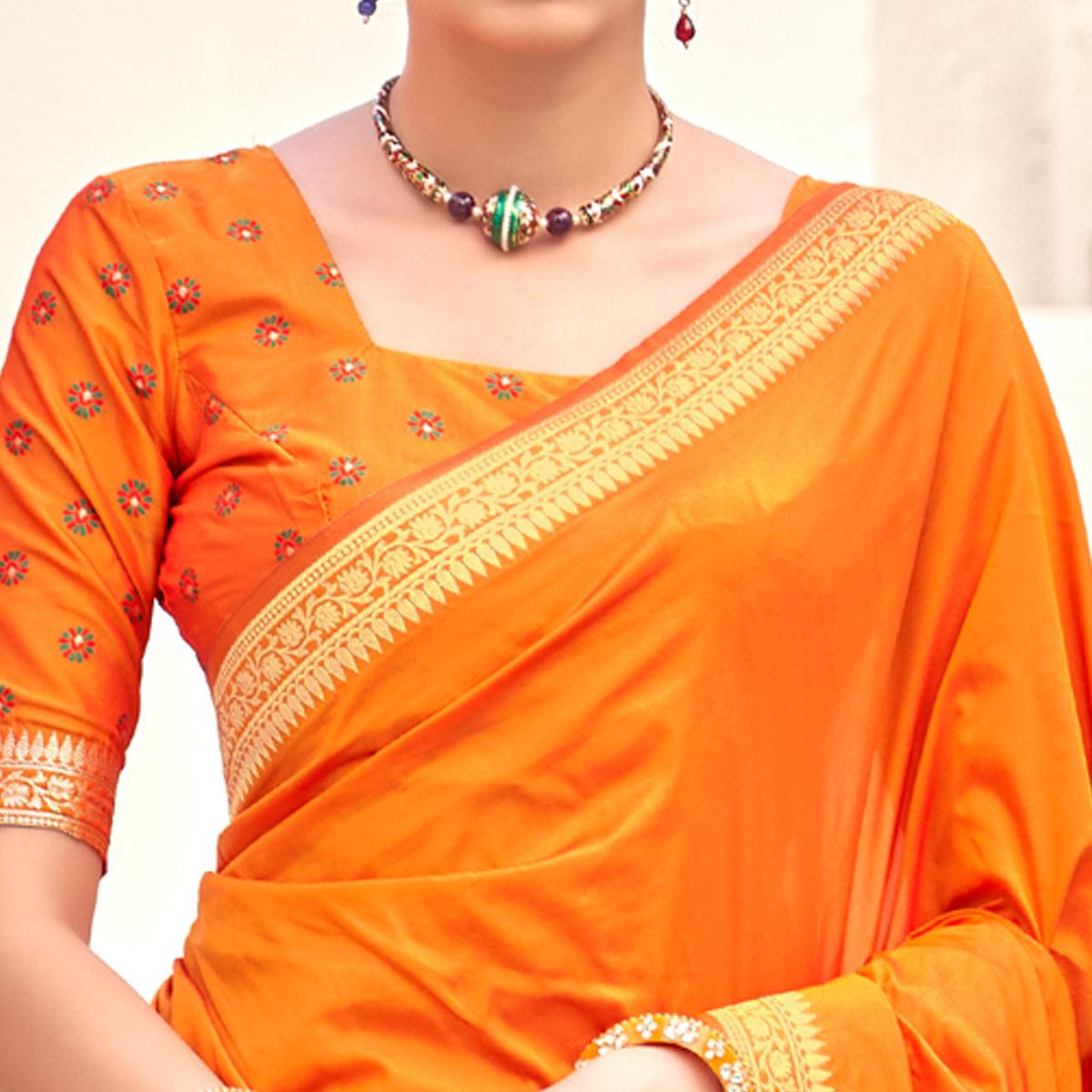 Orange Festive Wear Woven Soft Banarasi Silk Saree - Peachmode