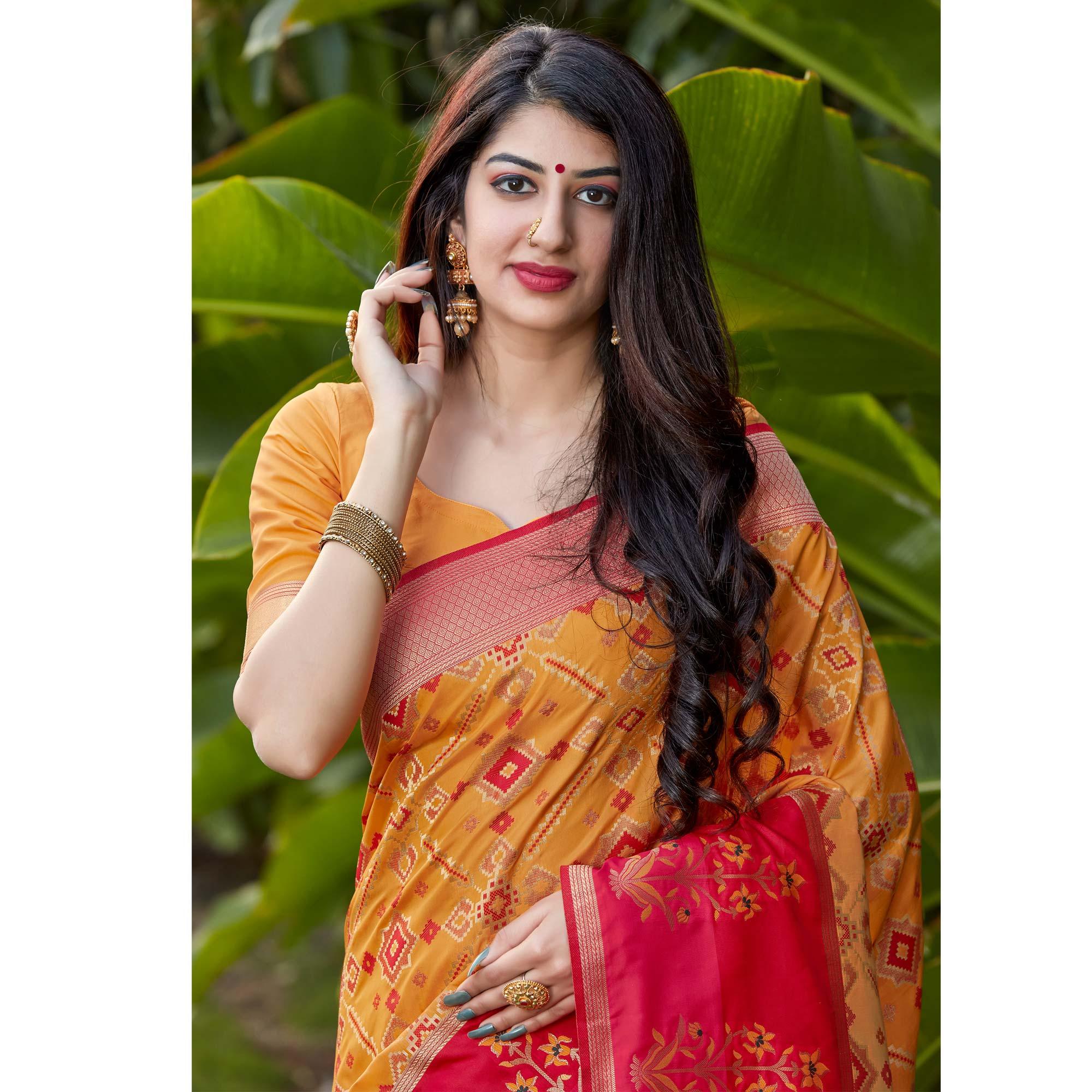 Orange Festive Wear Woven Soft Banarasi Silk Saree - Peachmode