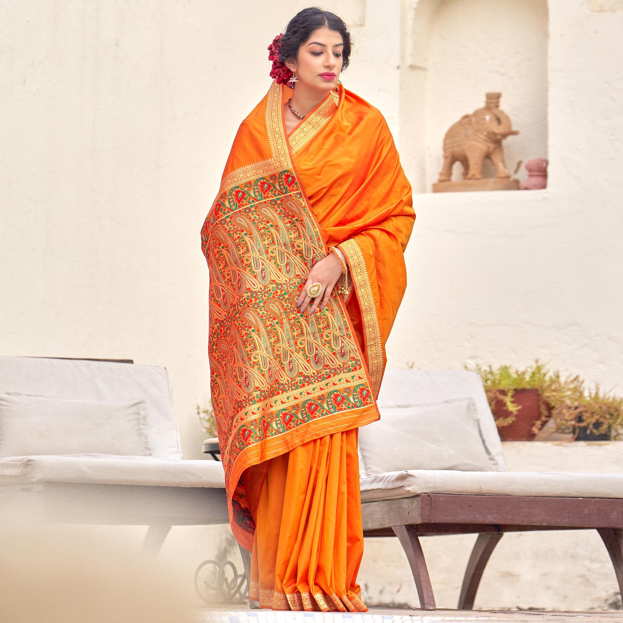 Orange Festive Wear Woven Soft Banarasi Silk Saree - Peachmode