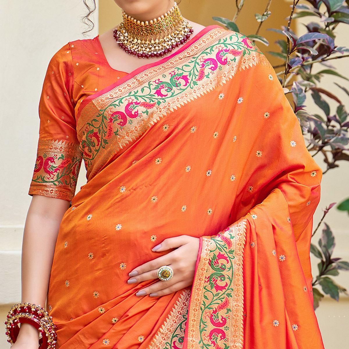 Orange Festive Wear Woven Soft Banarasi Silk Saree - Peachmode