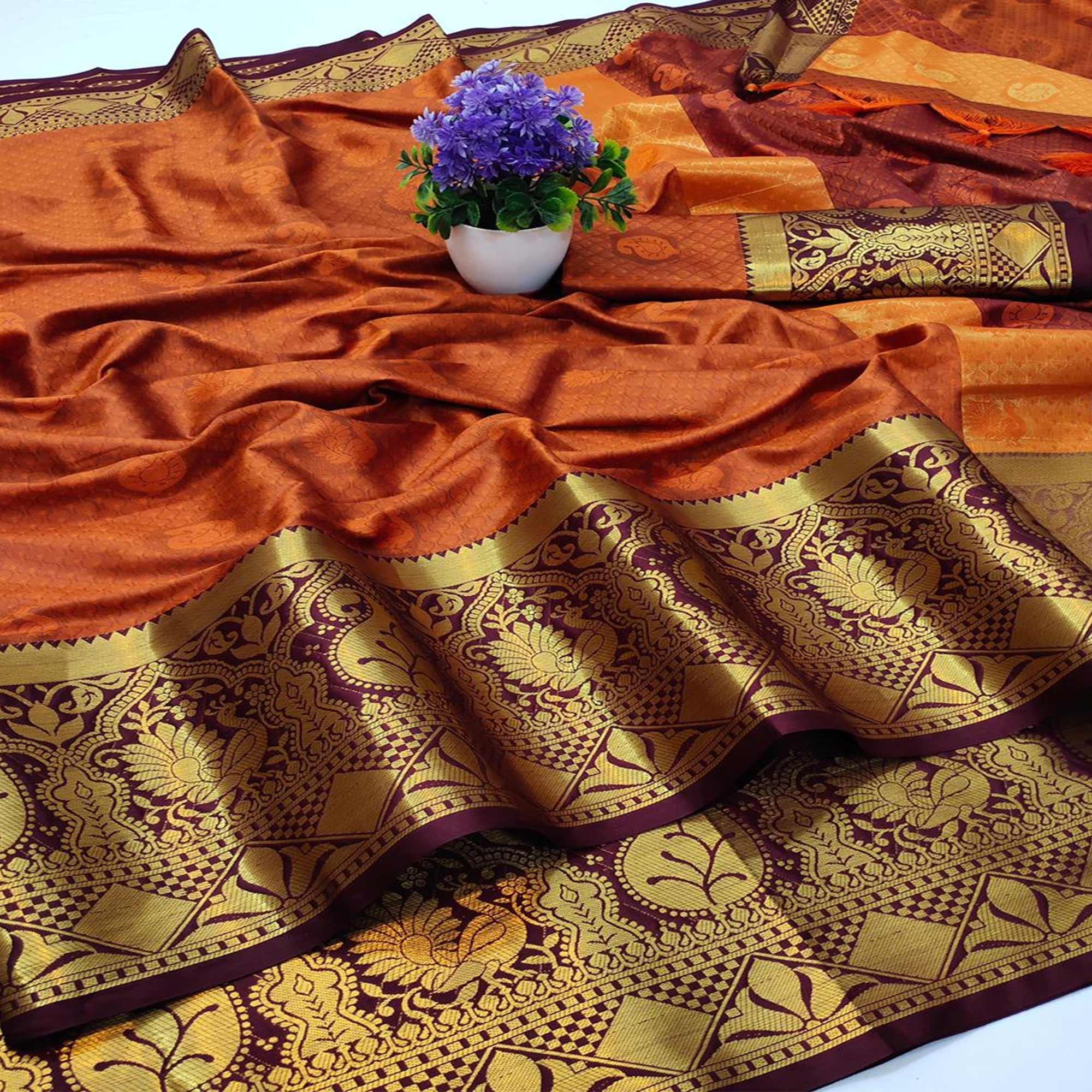 Orange Festive Wear Woven Soft Cotton Saree - Peachmode