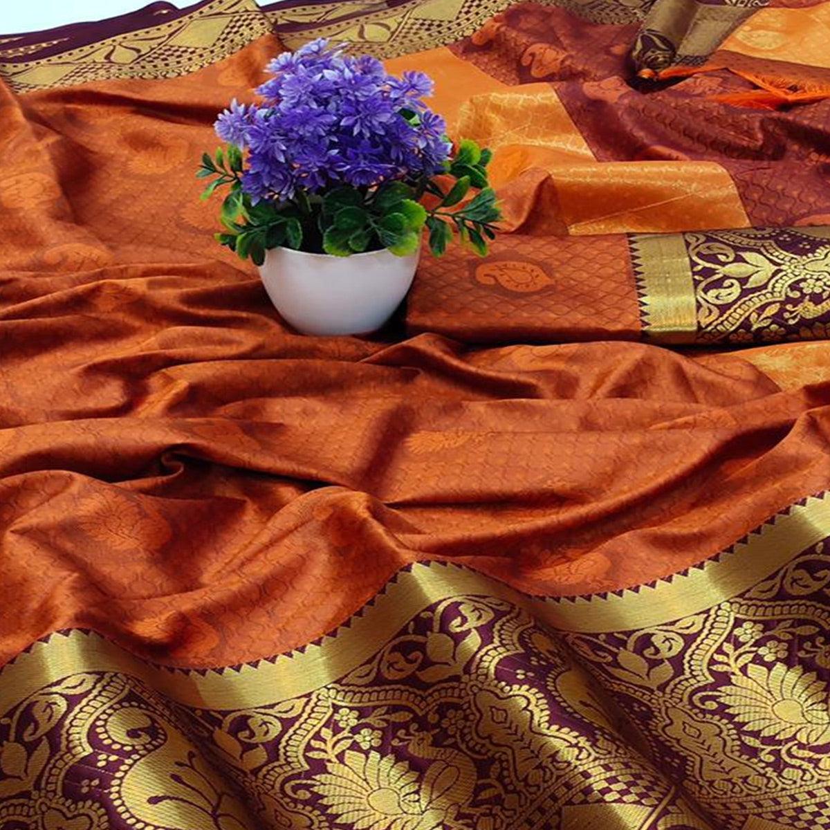 Orange Festive Wear Woven Soft Cotton Saree - Peachmode