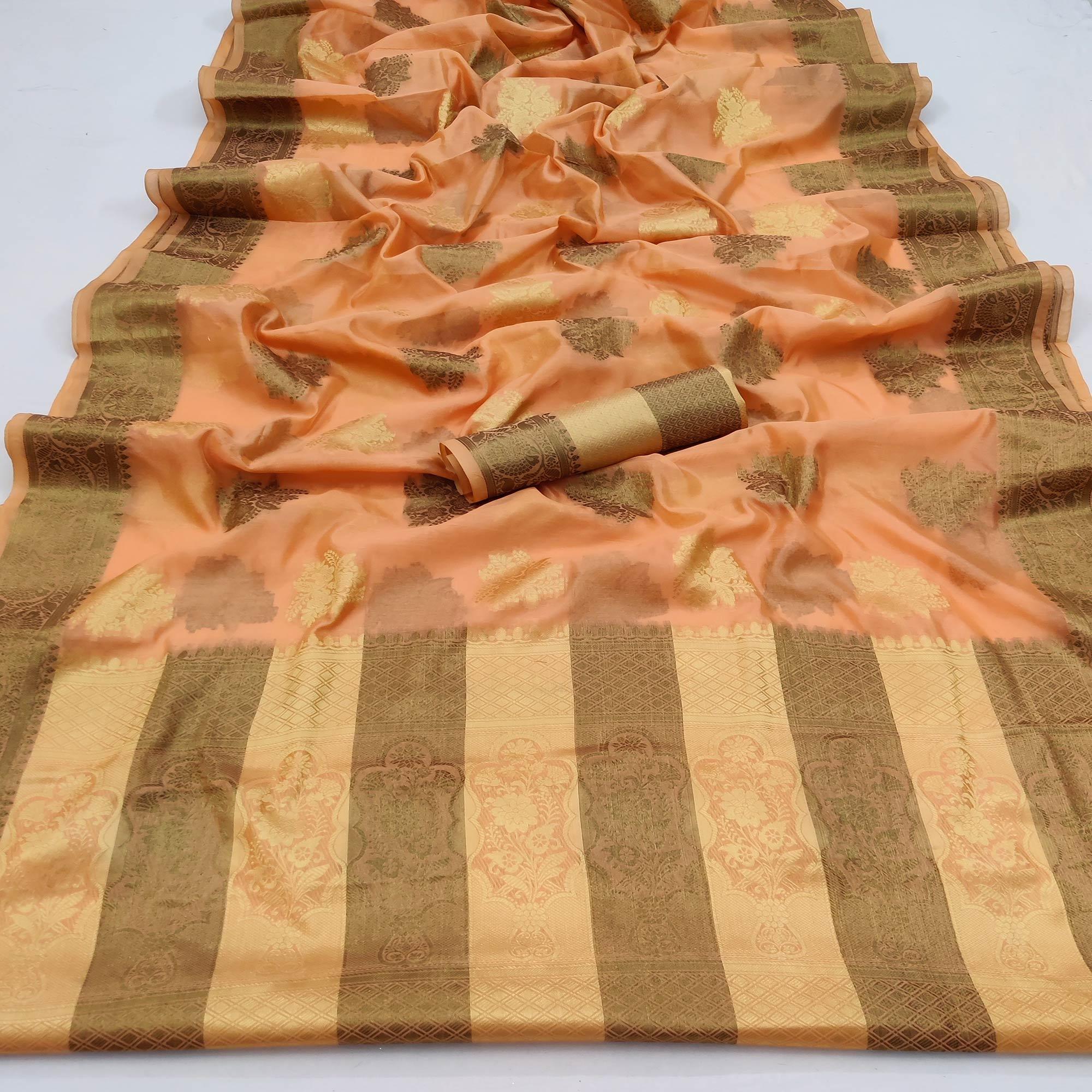 Orange Festive Wear Woven Soft Organza Saree - Peachmode
