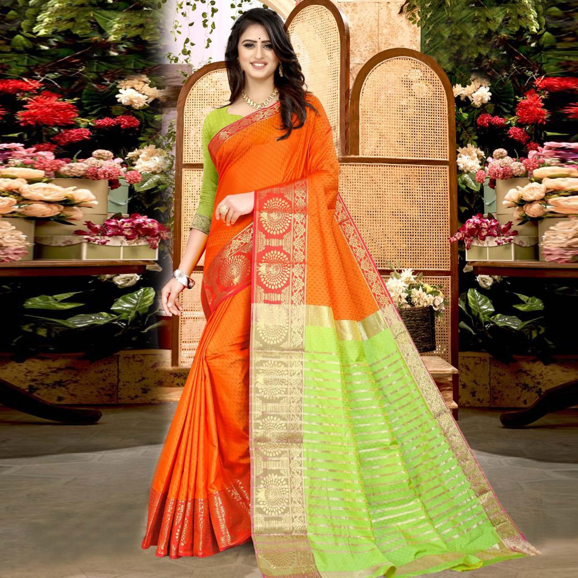 Orange Festive Wear Woven Soft Silk Saree - Peachmode