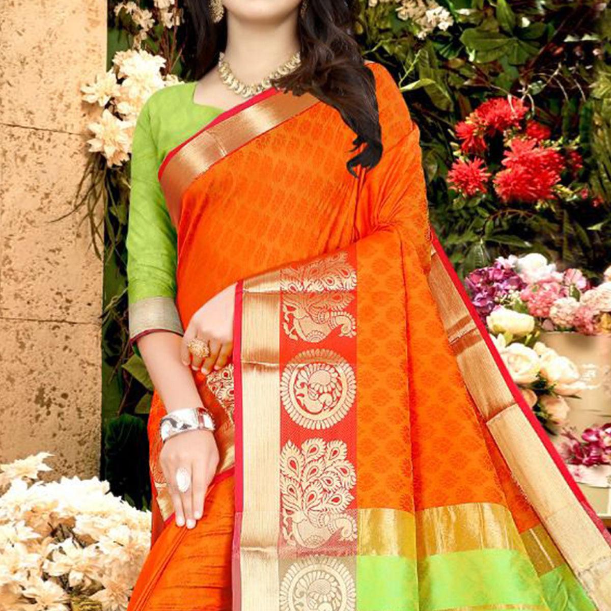Orange Festive Wear Woven Soft Silk Saree - Peachmode