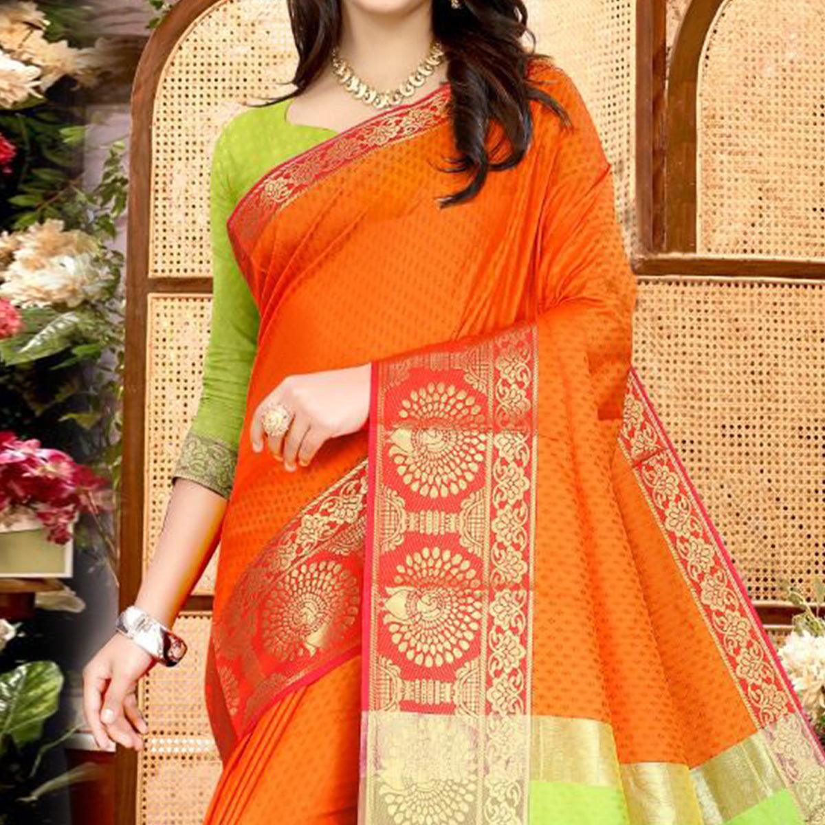 Orange Festive Wear Woven Soft Silk Saree - Peachmode