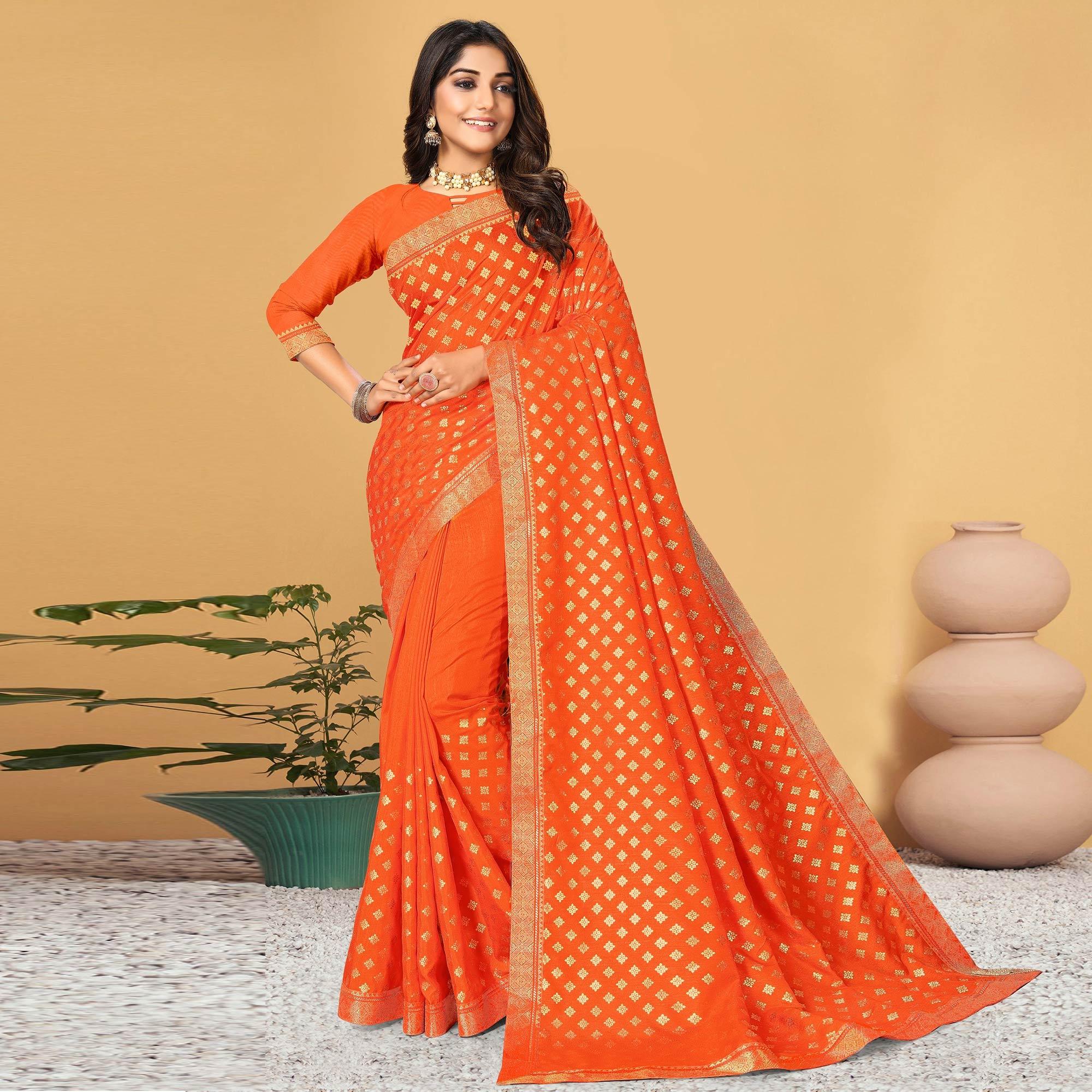 Orange Festive Wear Woven Vichitra Silk Saree - Peachmode