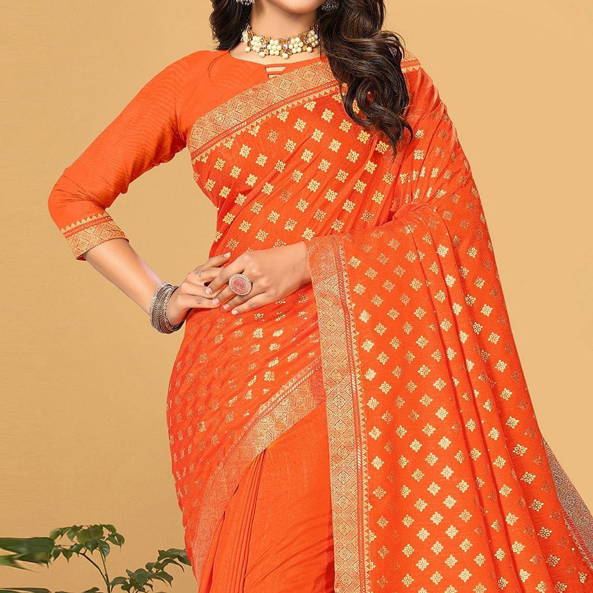 Orange Festive Wear Woven Vichitra Silk Saree - Peachmode