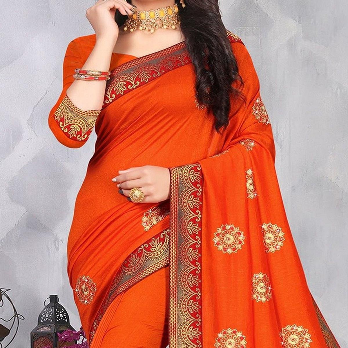Orange Festive Wear Woven With Embellished Vichitra Silk Saree - Peachmode