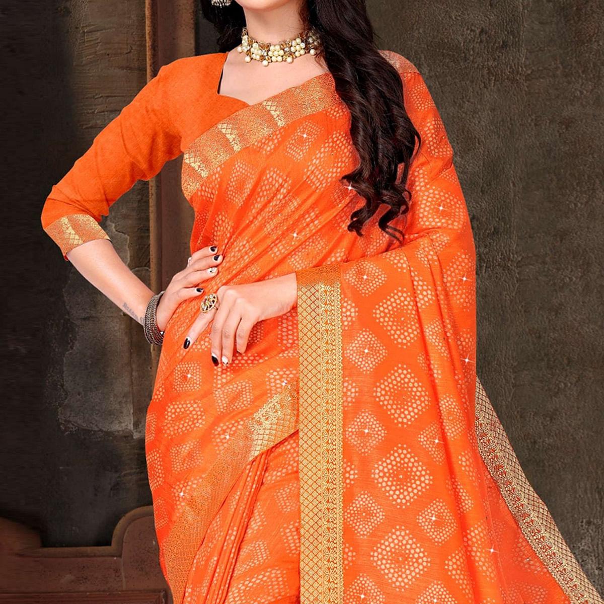 Orange Festive Wear Woven With Embellished Vichitra Silk Saree - Peachmode