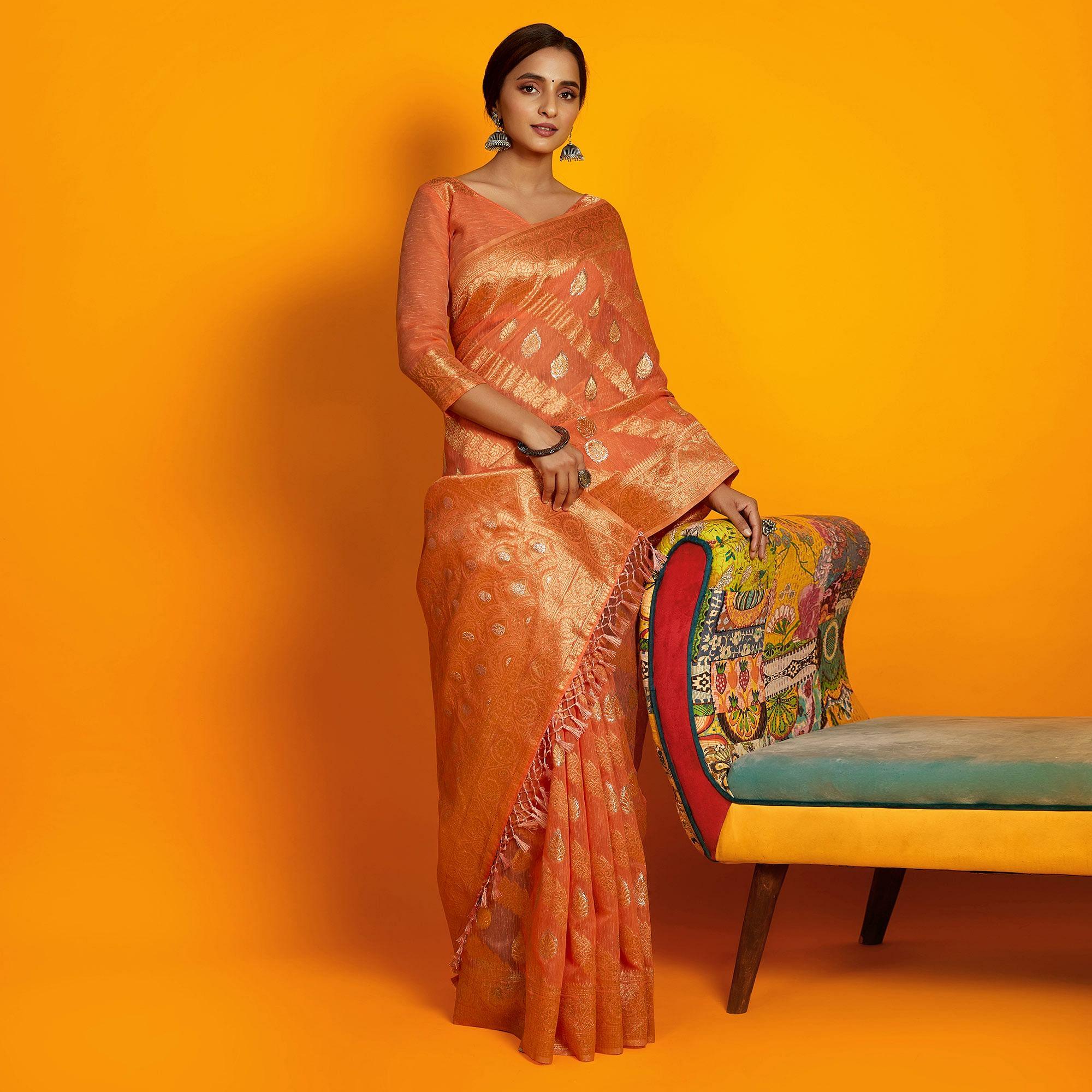Orange Festive Wear Zari Work Cotton Saree - Peachmode