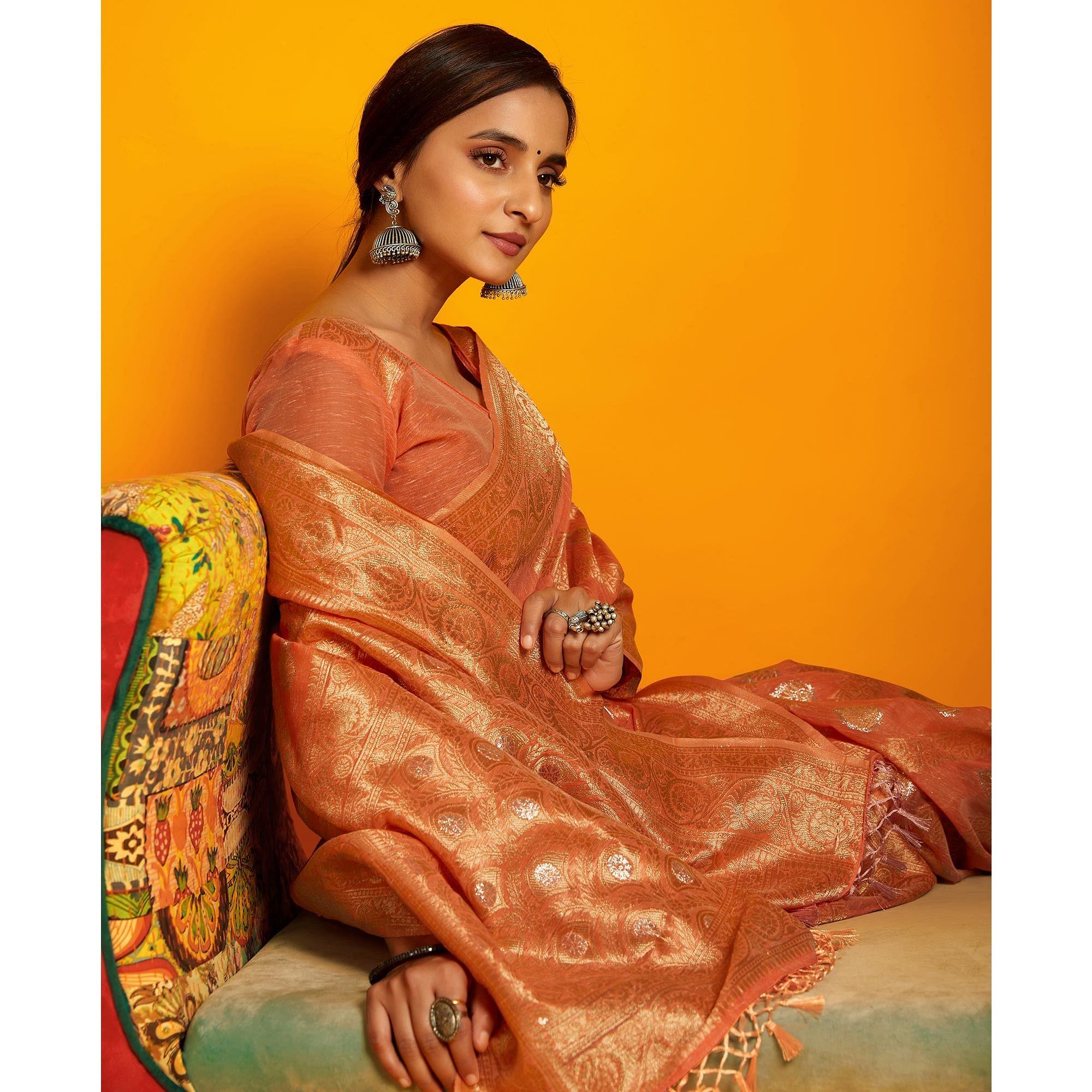 Orange Festive Wear Zari Work Cotton Saree - Peachmode