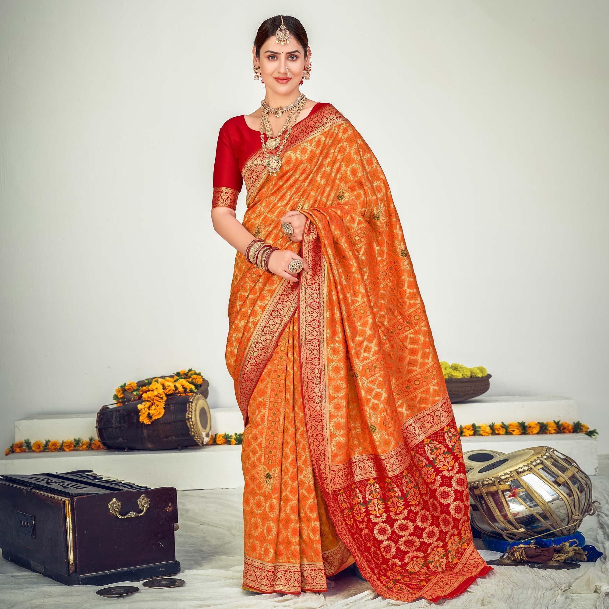 Orange Festive Wear Zari Woven Banarasi Silk Saree - Peachmode