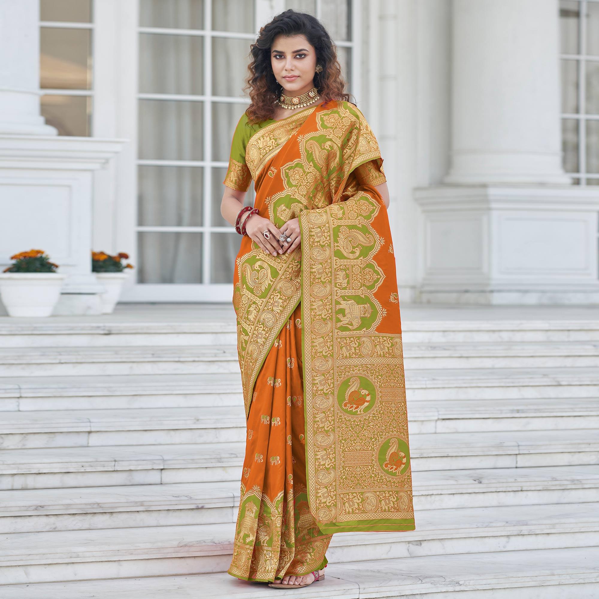 Orange Festive Wear Zari Woven Banarasi Silk Saree - Peachmode