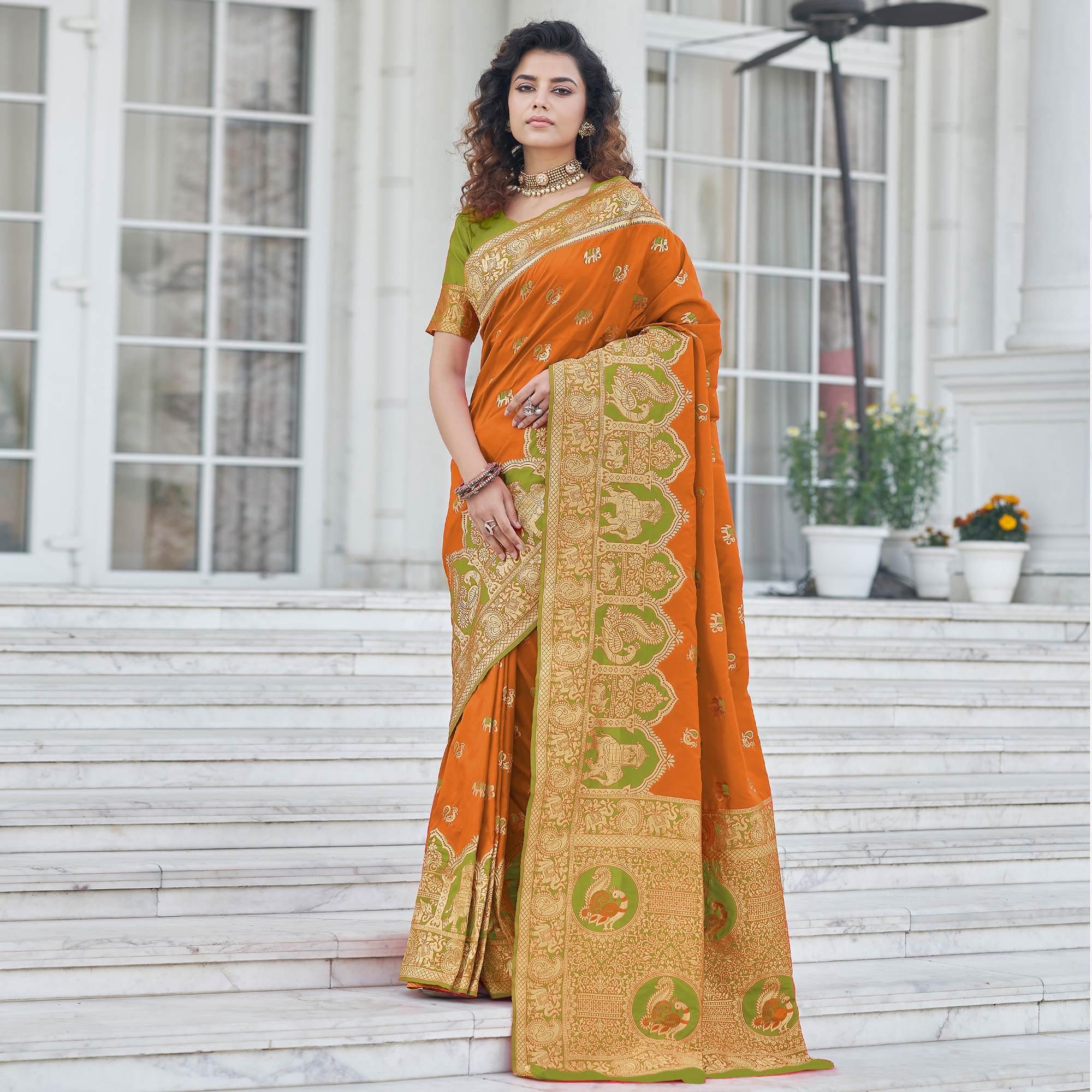 Orange Festive Wear Zari Woven Banarasi Silk Saree - Peachmode
