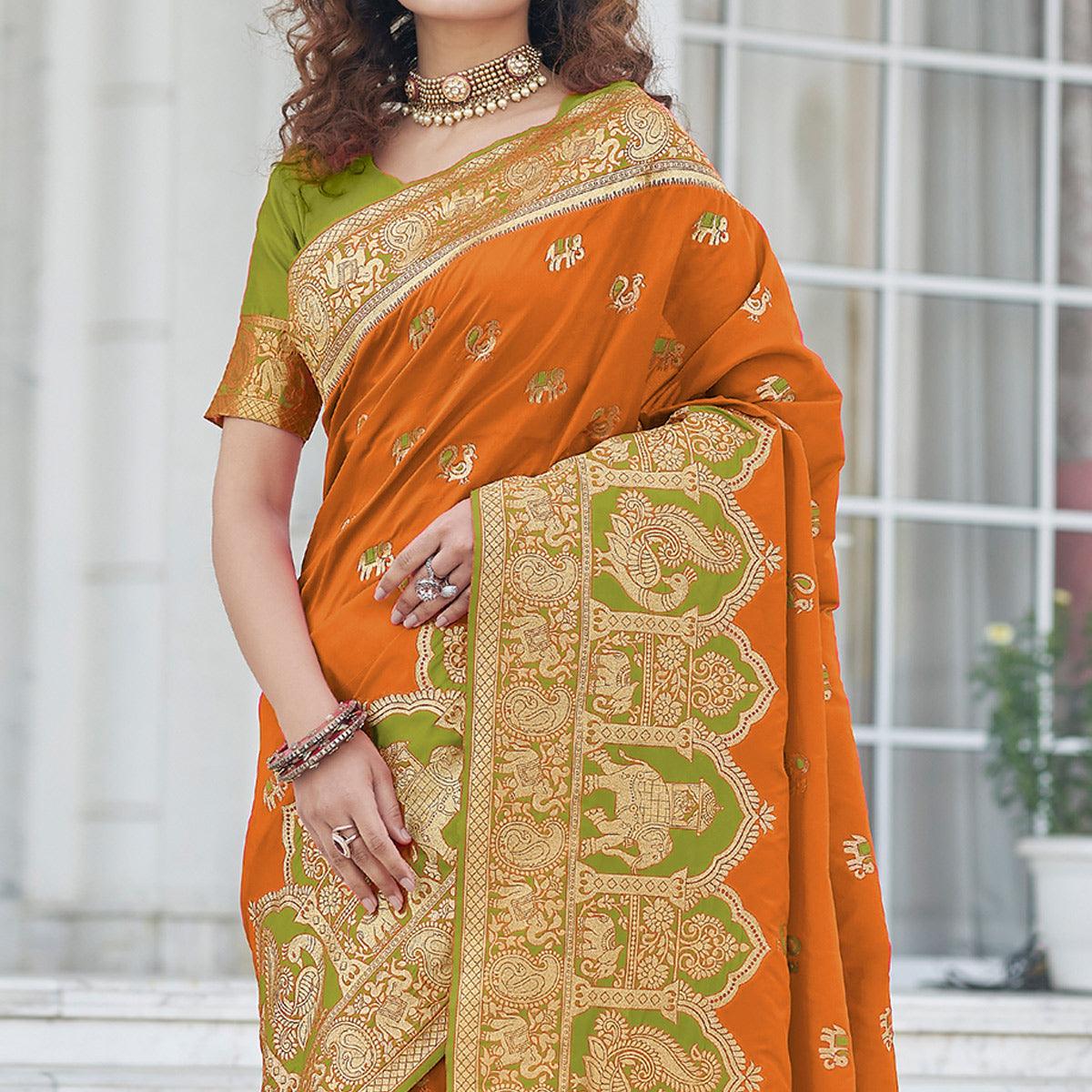 Orange Festive Wear Zari Woven Banarasi Silk Saree - Peachmode