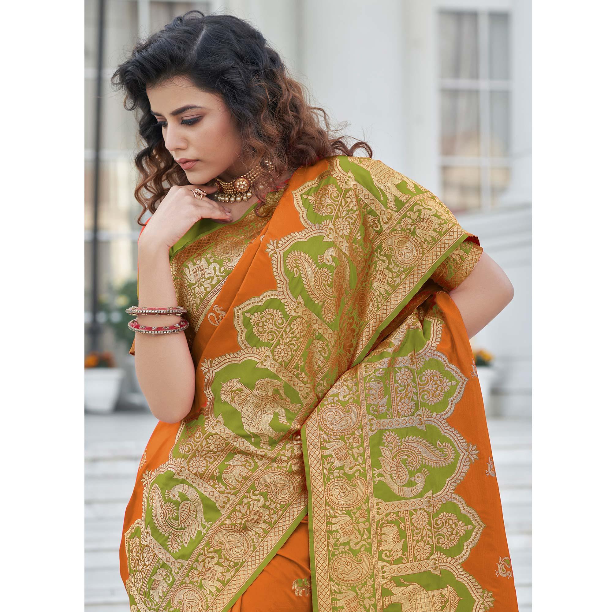 Orange Festive Wear Zari Woven Banarasi Silk Saree - Peachmode