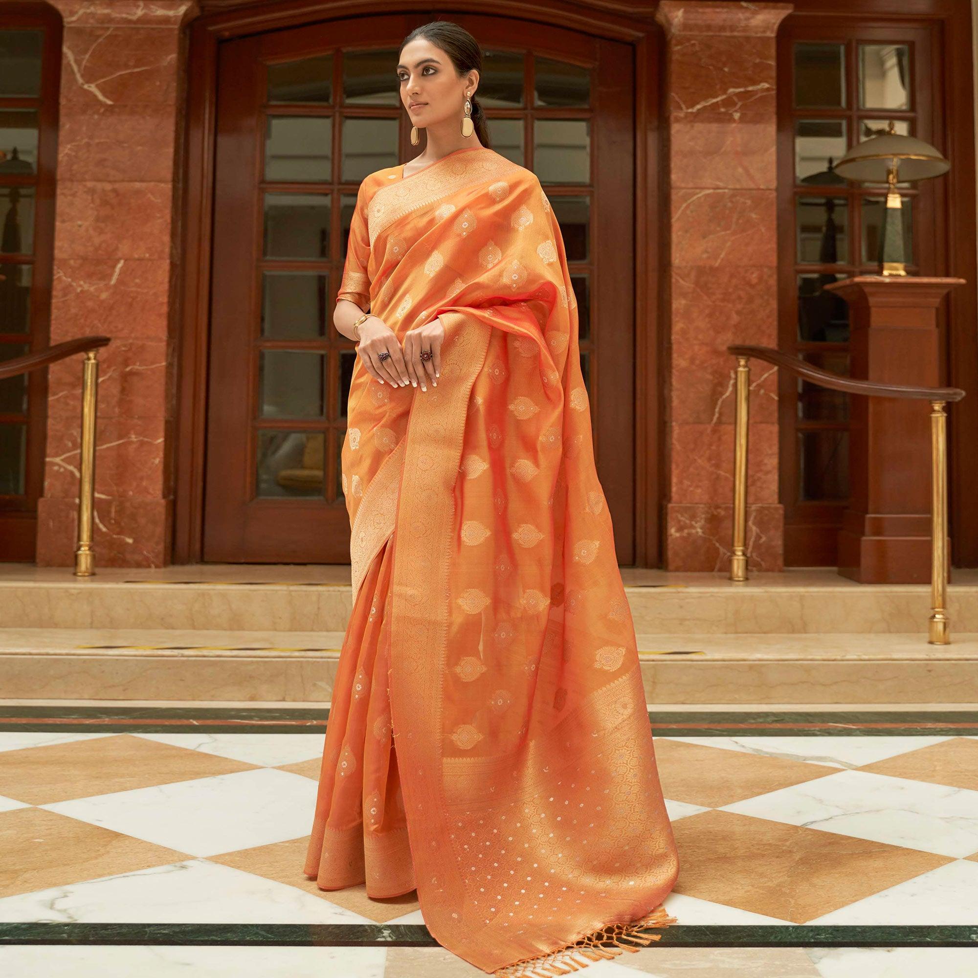 Orange Festive Wear Zari Woven Organza Silk Saree With Tassels - Peachmode