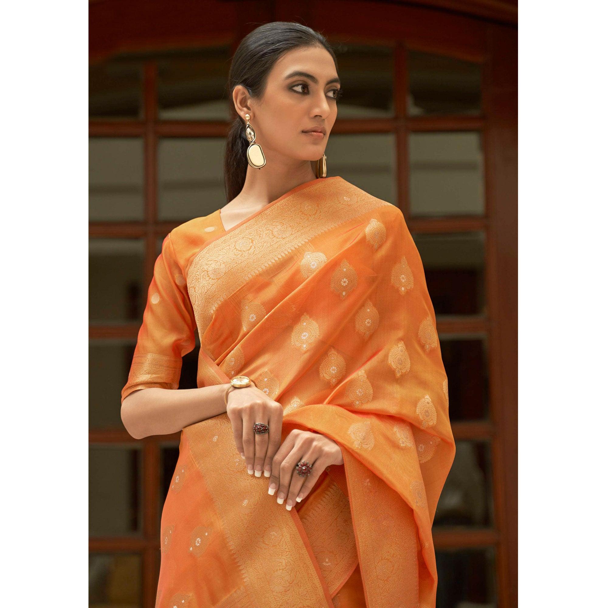 Orange Festive Wear Zari Woven Organza Silk Saree With Tassels - Peachmode