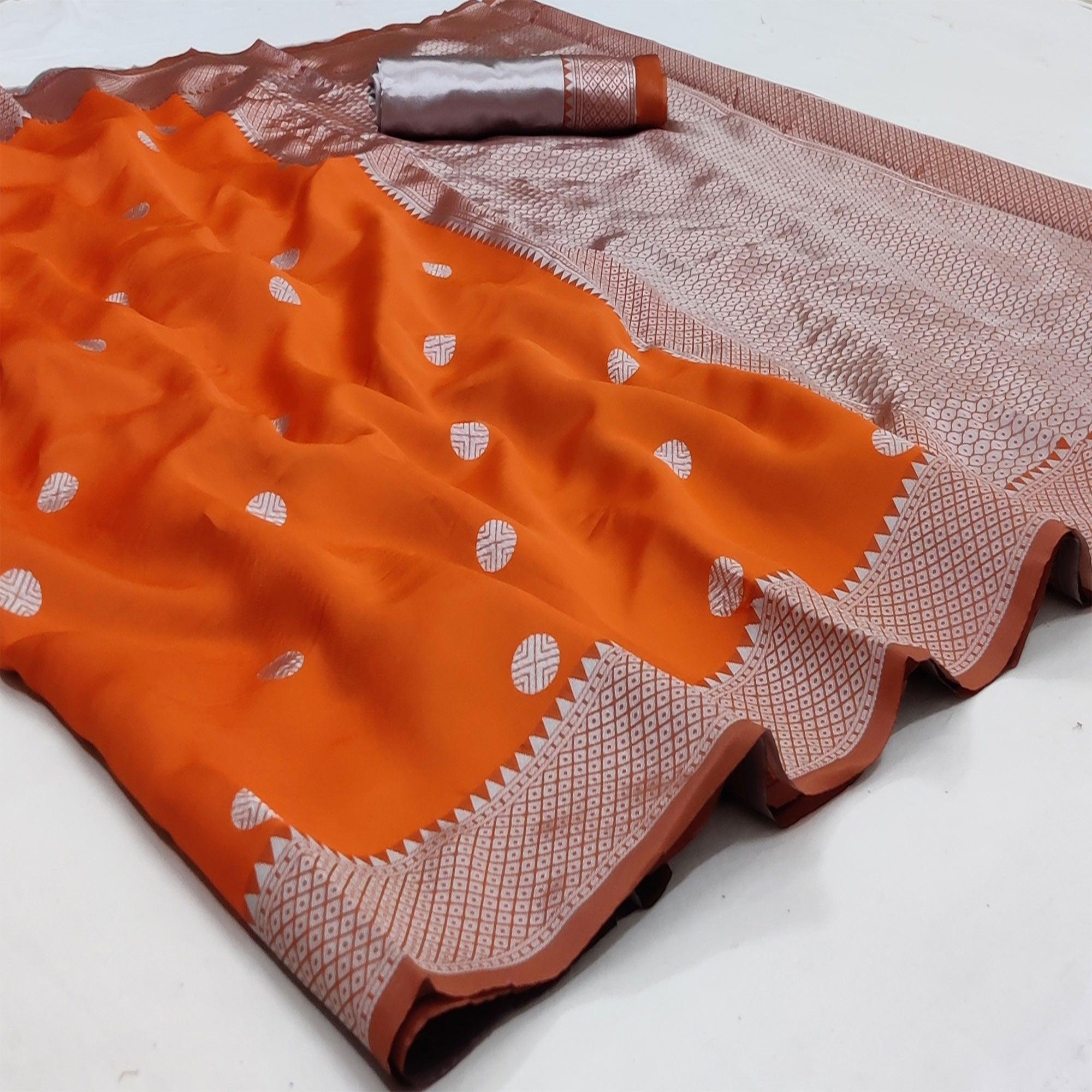 Orange Festive Wear Zari Woven Soft Silk Saree - Peachmode