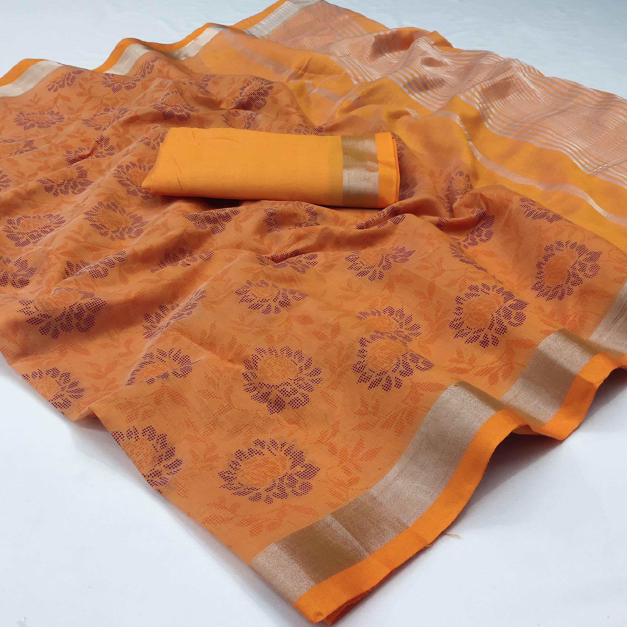 Orange Floral Block Printed Chanderi Saree - Peachmode