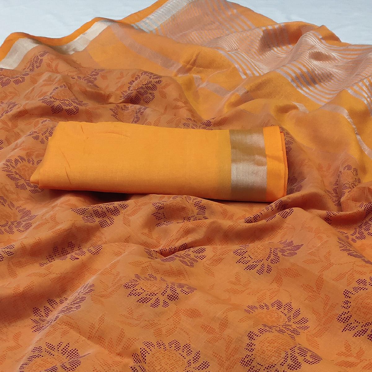 Orange Floral Block Printed Chanderi Saree - Peachmode
