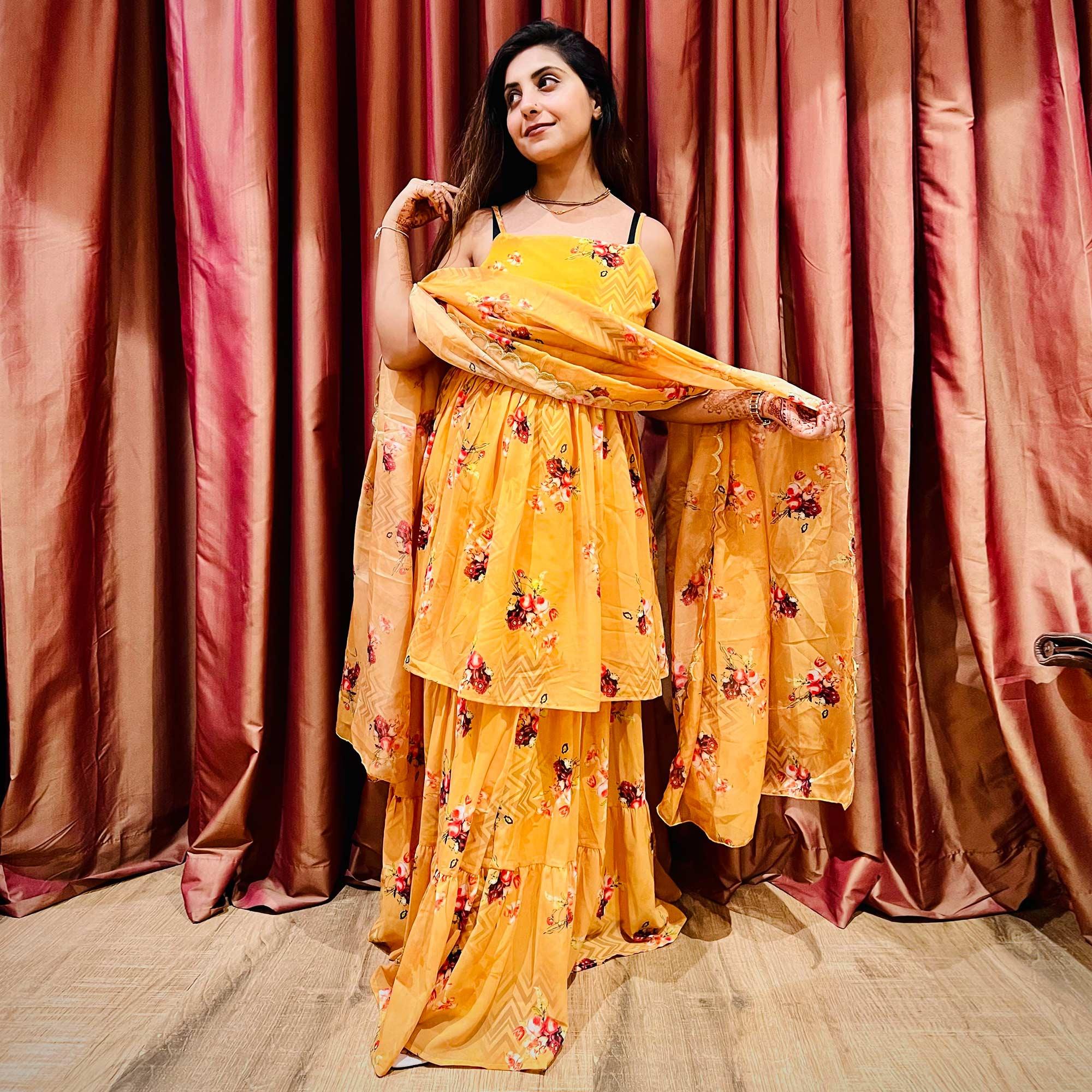 Orange Floral Digital Printed Georgette Sharara Suit - Peachmode