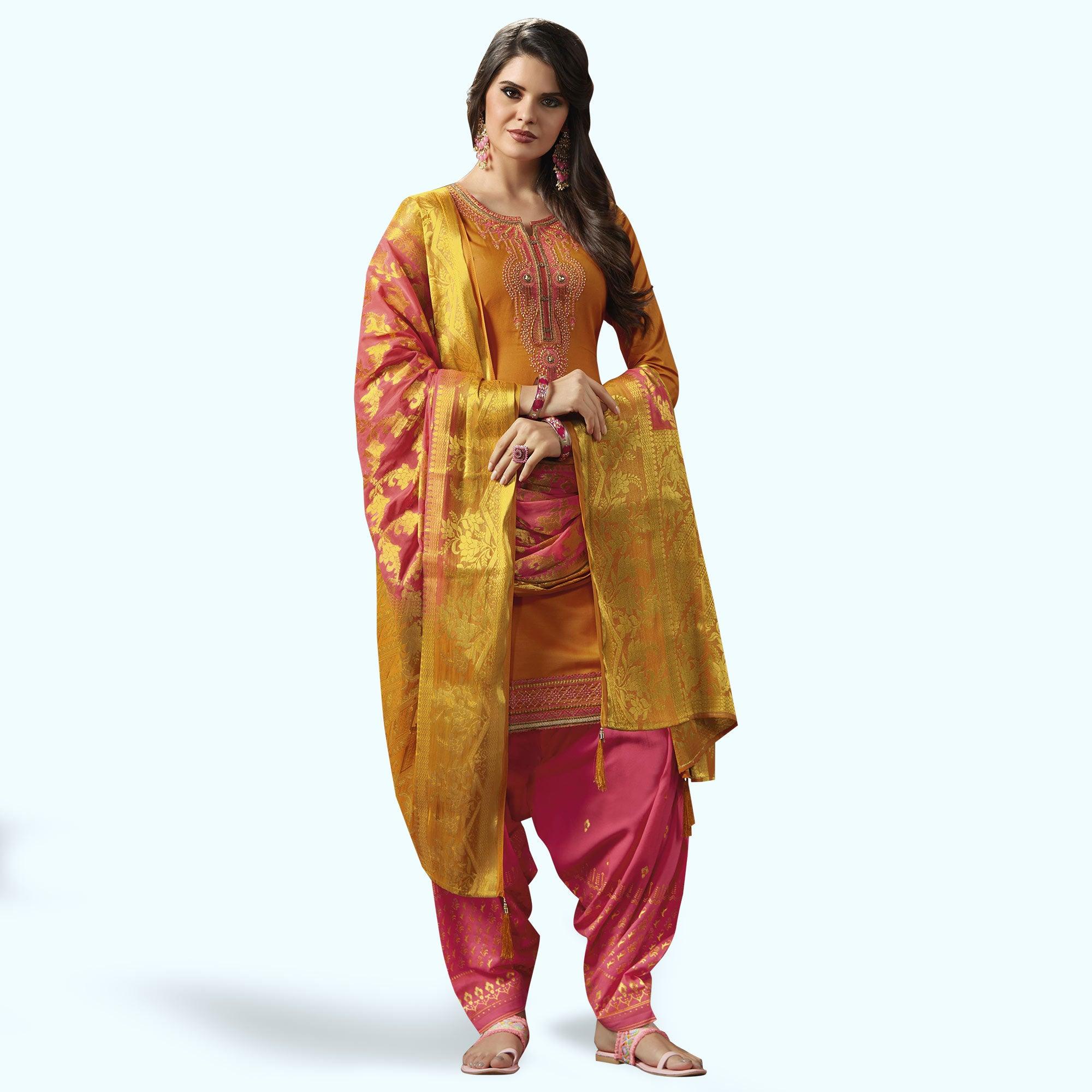 Orange Floral Embroidered Art Silk Patiala Suit - Peachmode