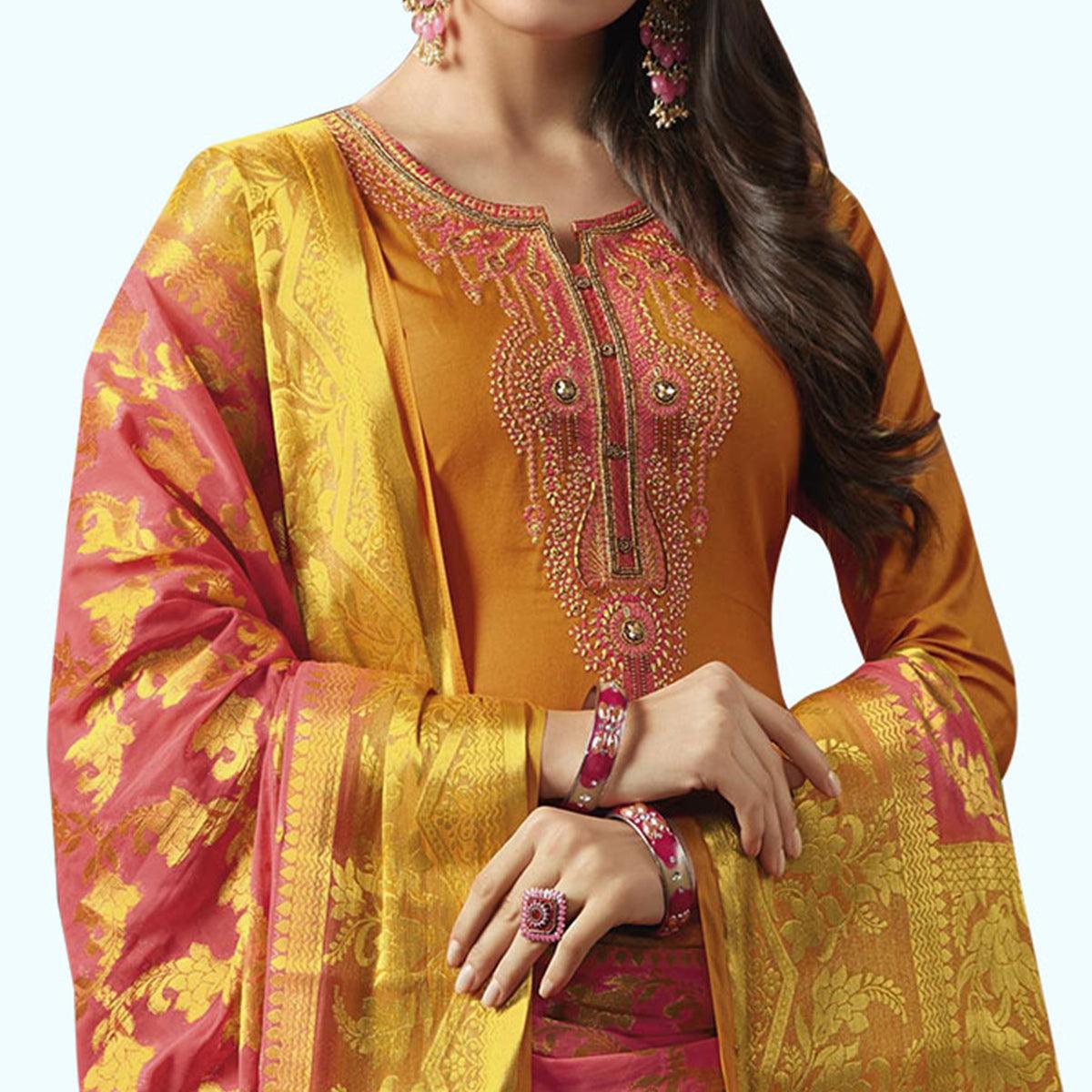 Orange Floral Embroidered Art Silk Patiala Suit - Peachmode