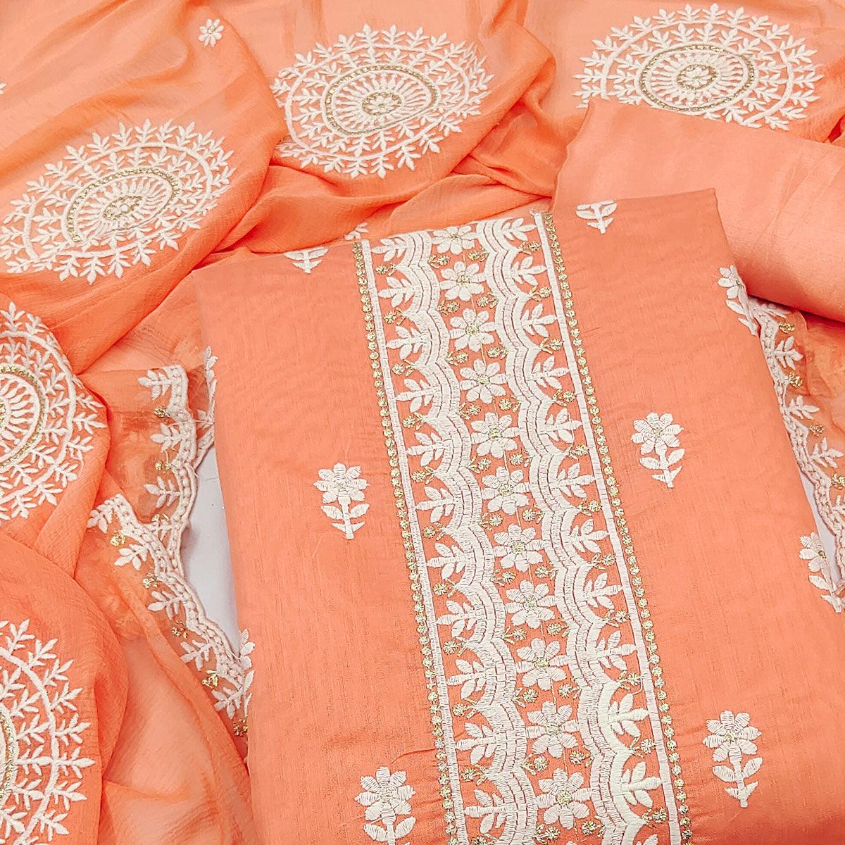 Orange Floral Embroidered Chaderi Dress Material - Peachmode
