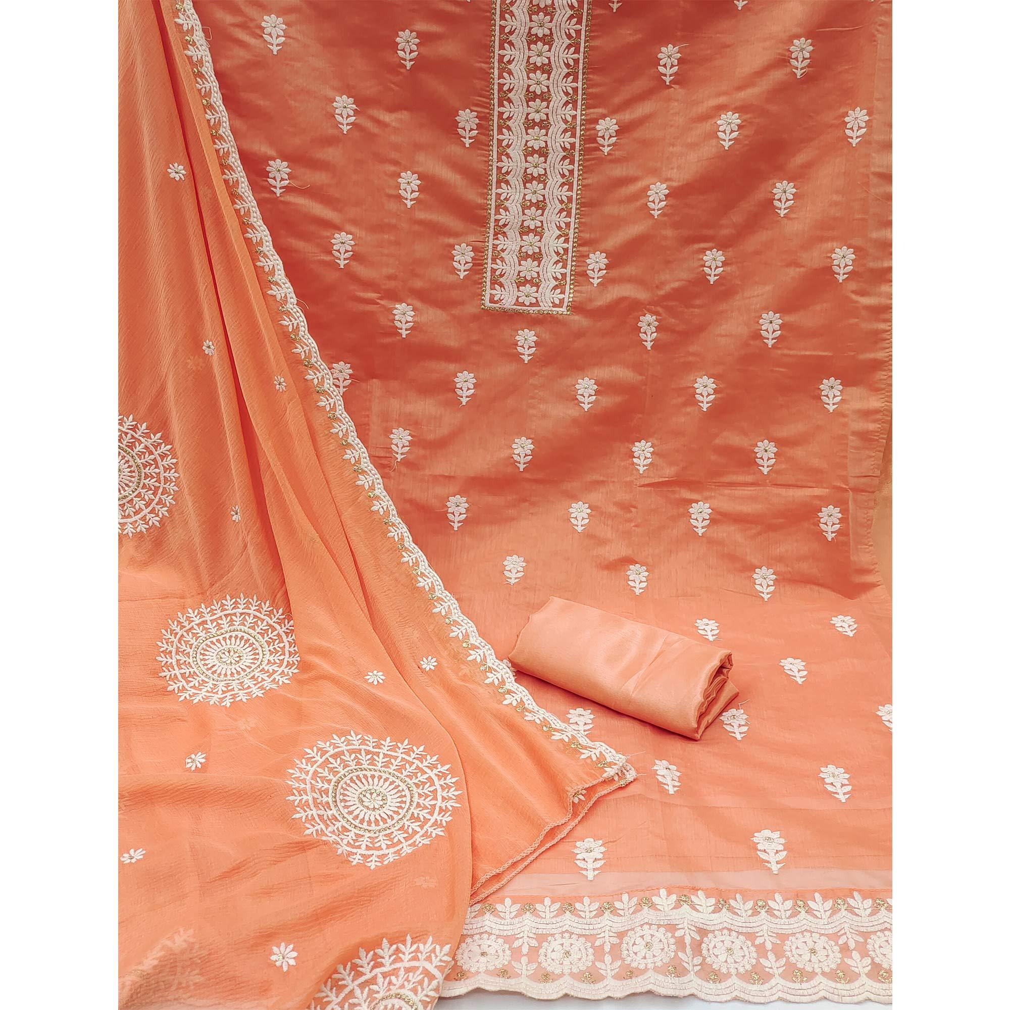 Orange Floral Embroidered Chaderi Dress Material - Peachmode