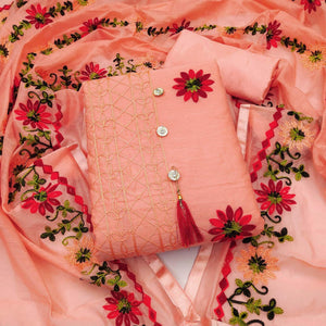 Orange Floral Embroidered Chanderi Dress Material - Peachmode